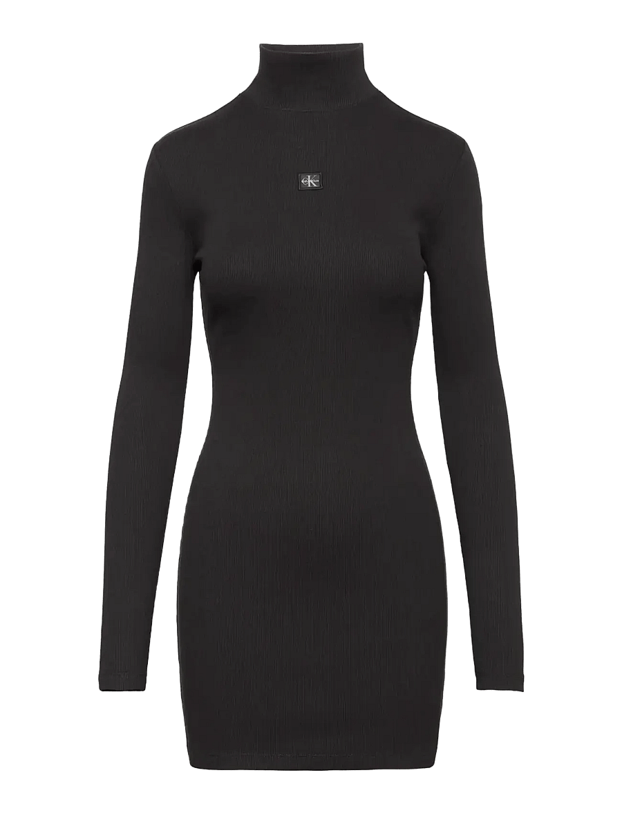 Calvin Klein Jeans - LS WVN LBL 2X2 RIB MINI DRESS - strikkjoler - black - 1