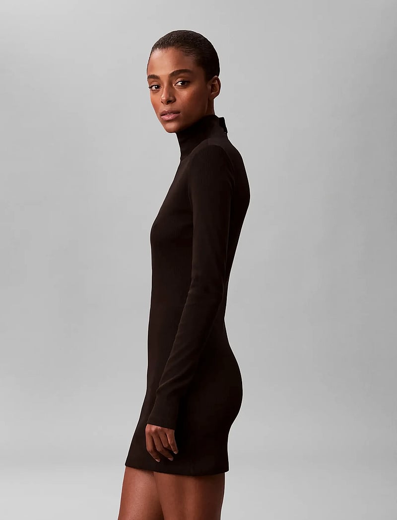 Calvin Klein Jeans - LS WOVEN LABEL 2X2 RIB MINI DRES - knitted dresses - black - 2