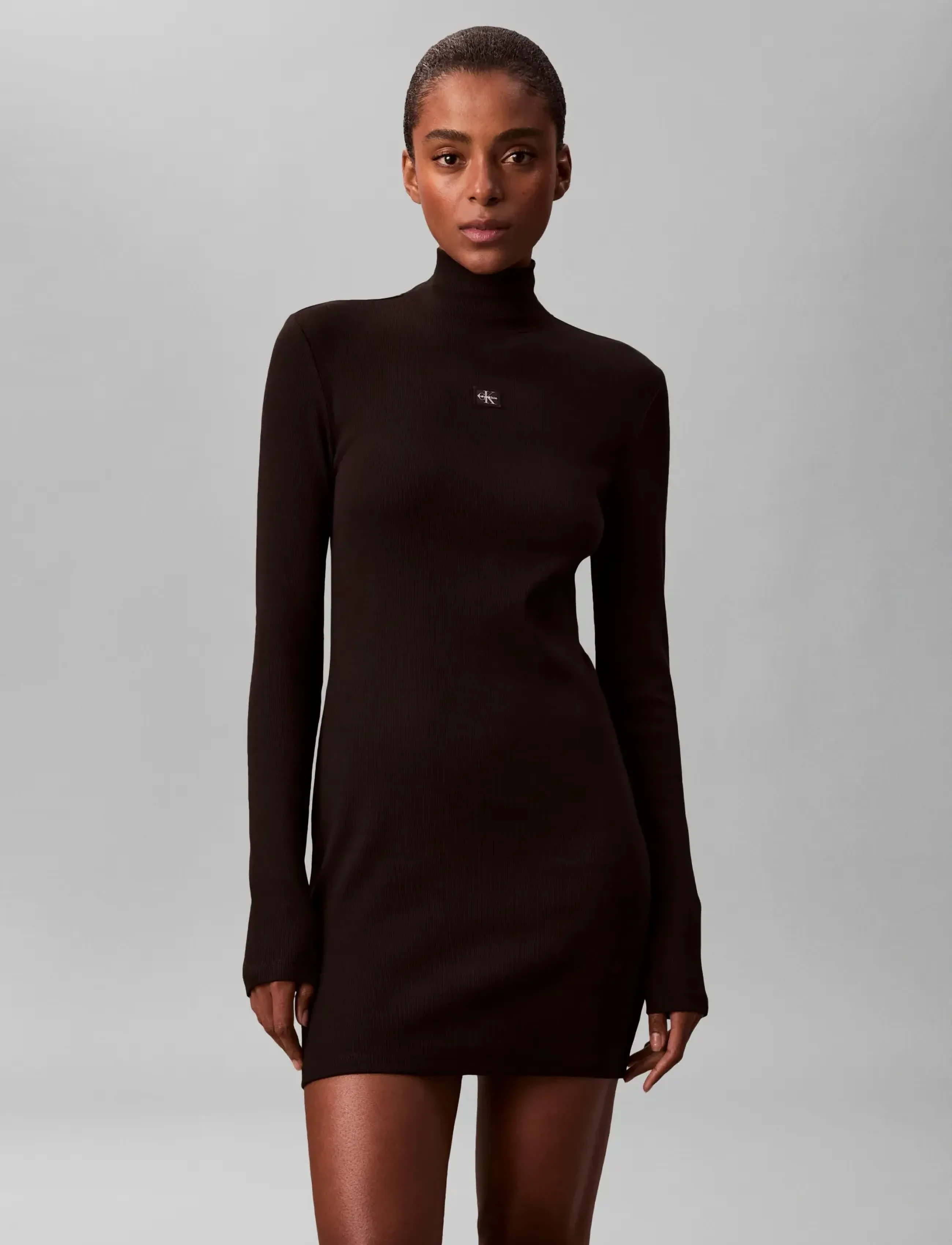 Calvin Klein Jeans - LS WVN LBL 2X2 RIB MINI DRESS - strikkjoler - black - 5