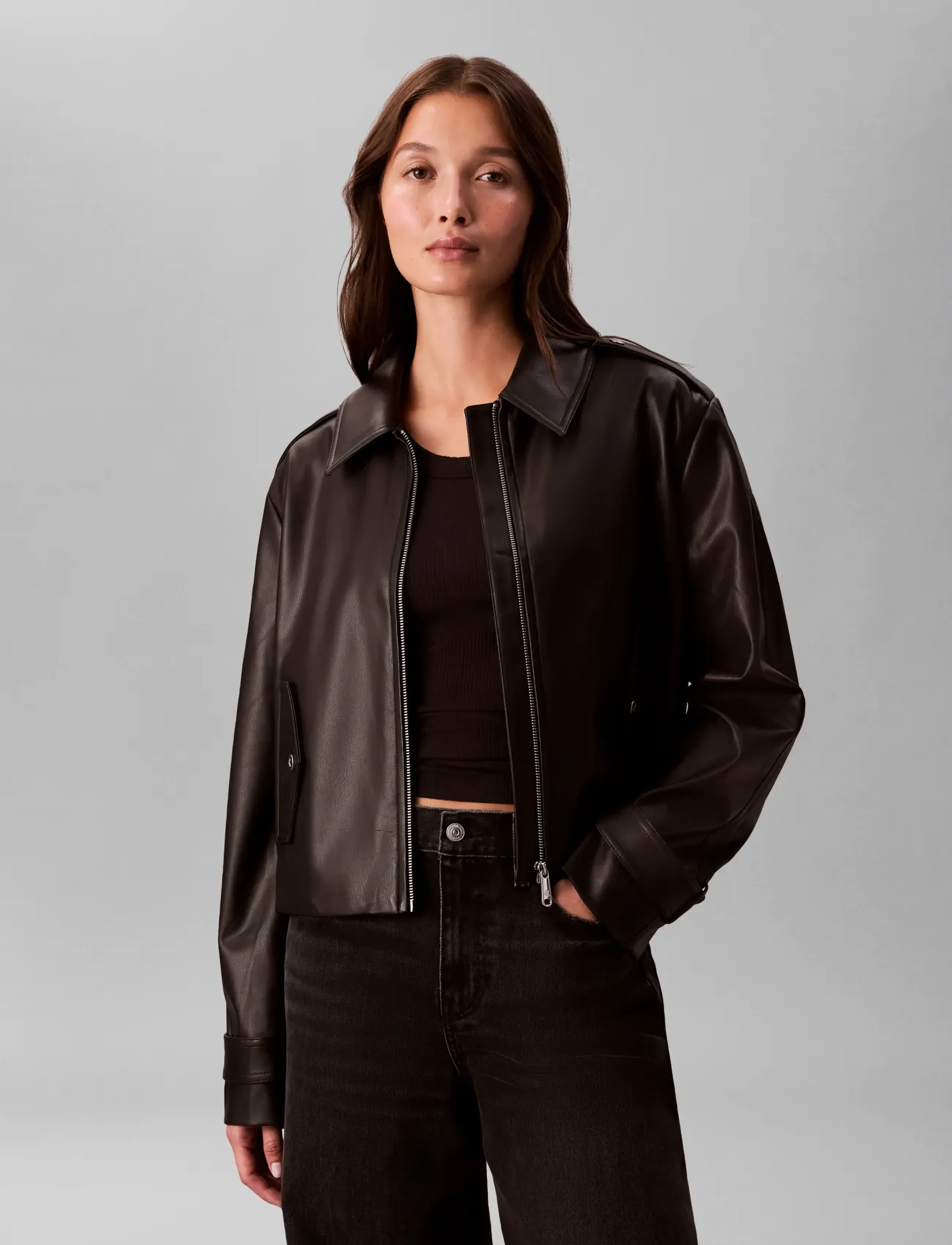Calvin Klein Jeans Leather Moto Jacket, XS, Jackets, Schwarz - Leather, Frauen