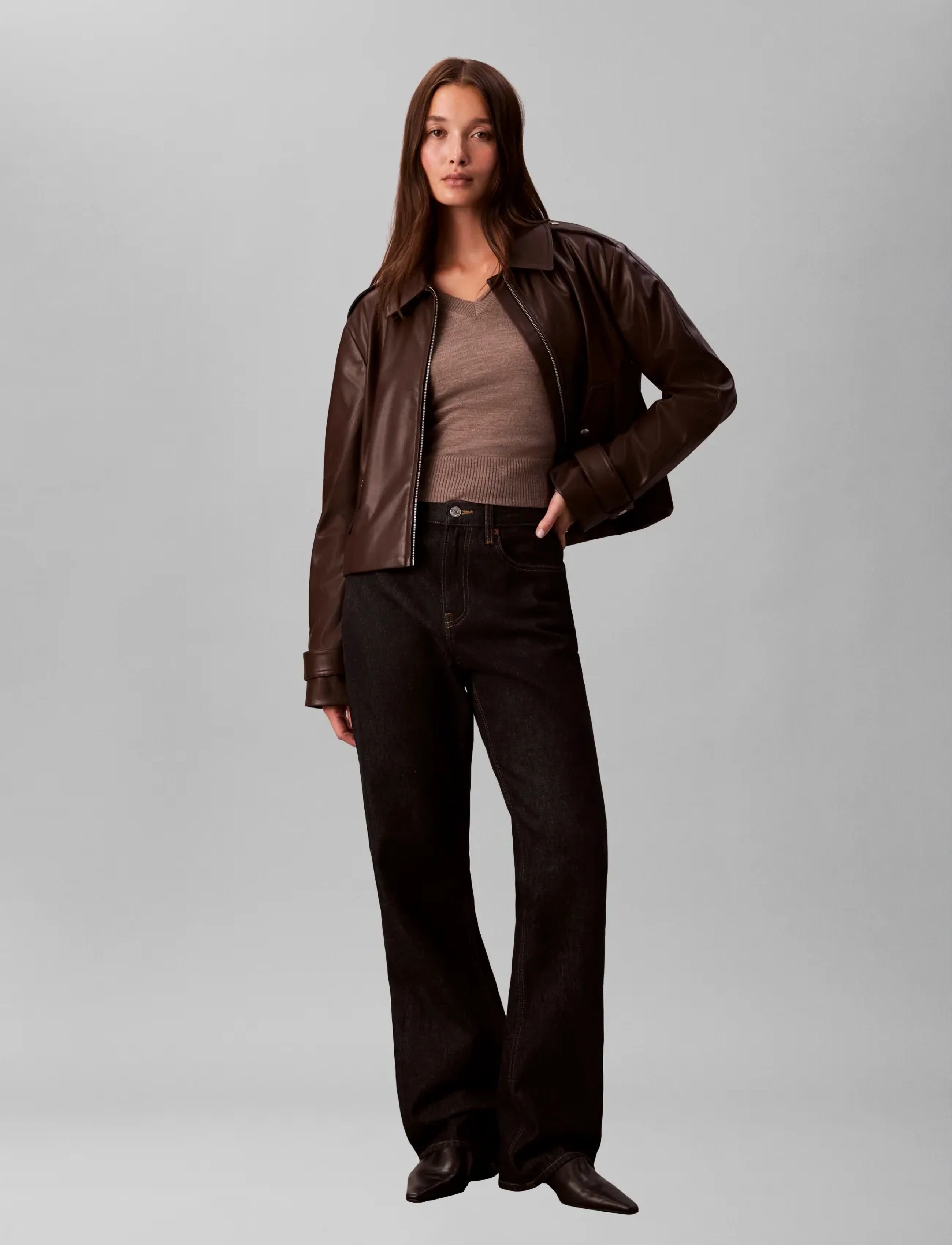 Calvin Klein Jeans Leather Moto Jacket, XS, Brown, Jakker > Læder, Dame