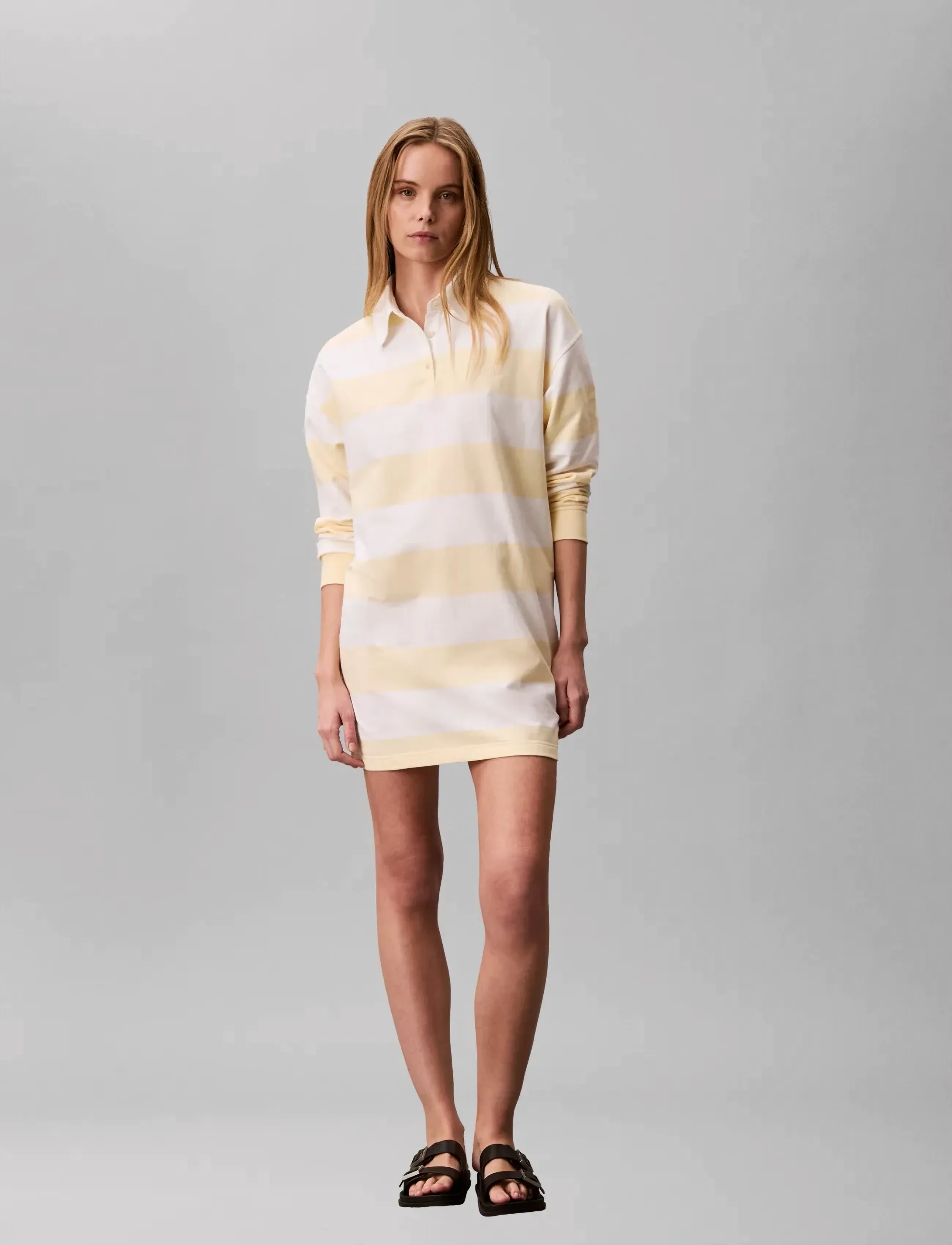 Calvin Klein Jeans LS VARSITY STRIPE MINI POLO DRES - Short Dresses - SNOW WHITE STRIPE / yellow