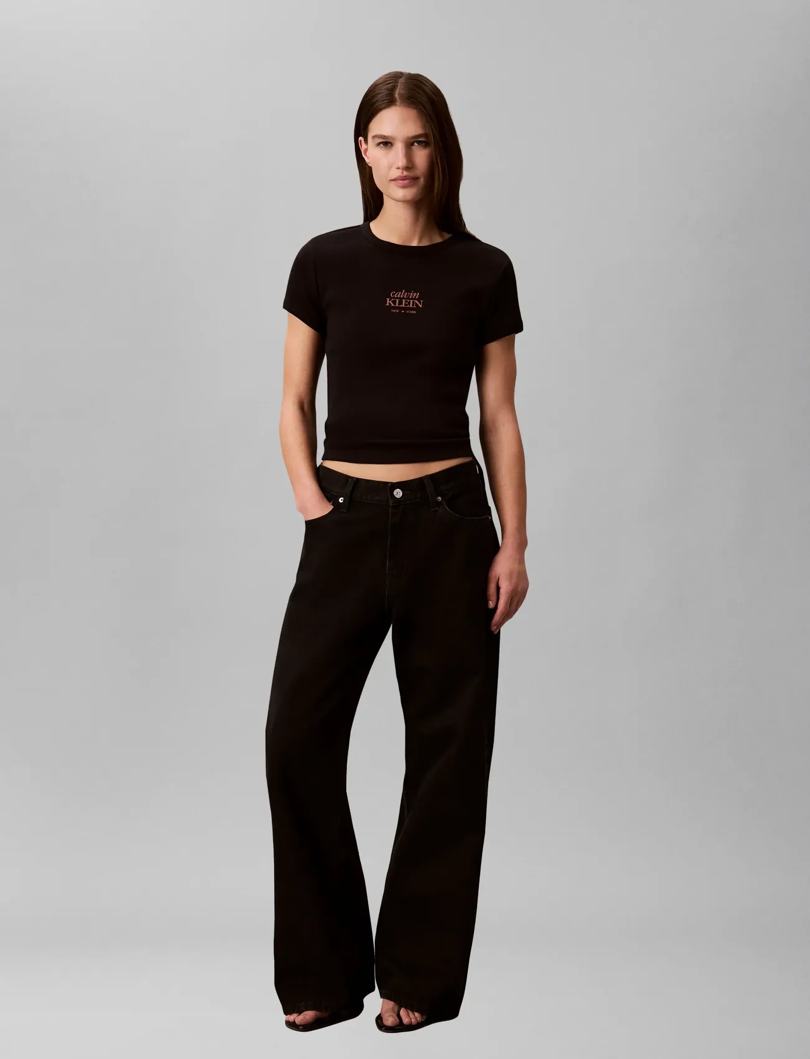 Calvin Klein Jeans Ss 2X2 Baby Rib Logo Baby Tee, S, Black, T-Shirts & Toppe > Kortærmede, Dame