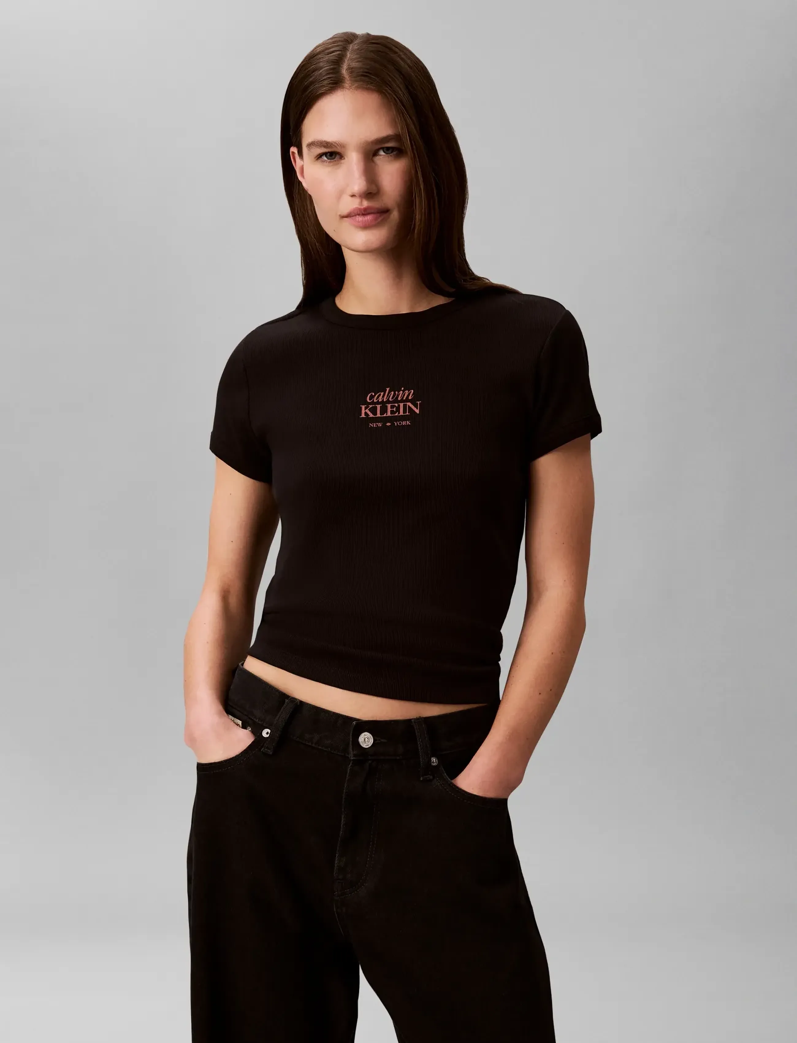 Calvin Klein Jeans - SS 2X2 BABY RIB LOGO BABY TEE - t-shirts - black - 3