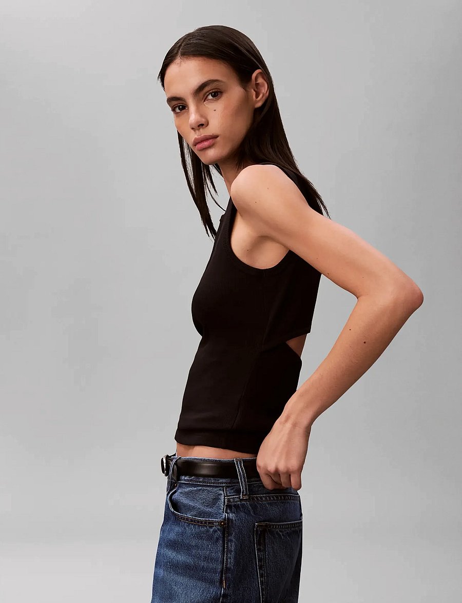 Calvin Klein Jeans - SL WOVEN LABEL 2X2 BABY RIB CUTO - strickwesten - black - 4