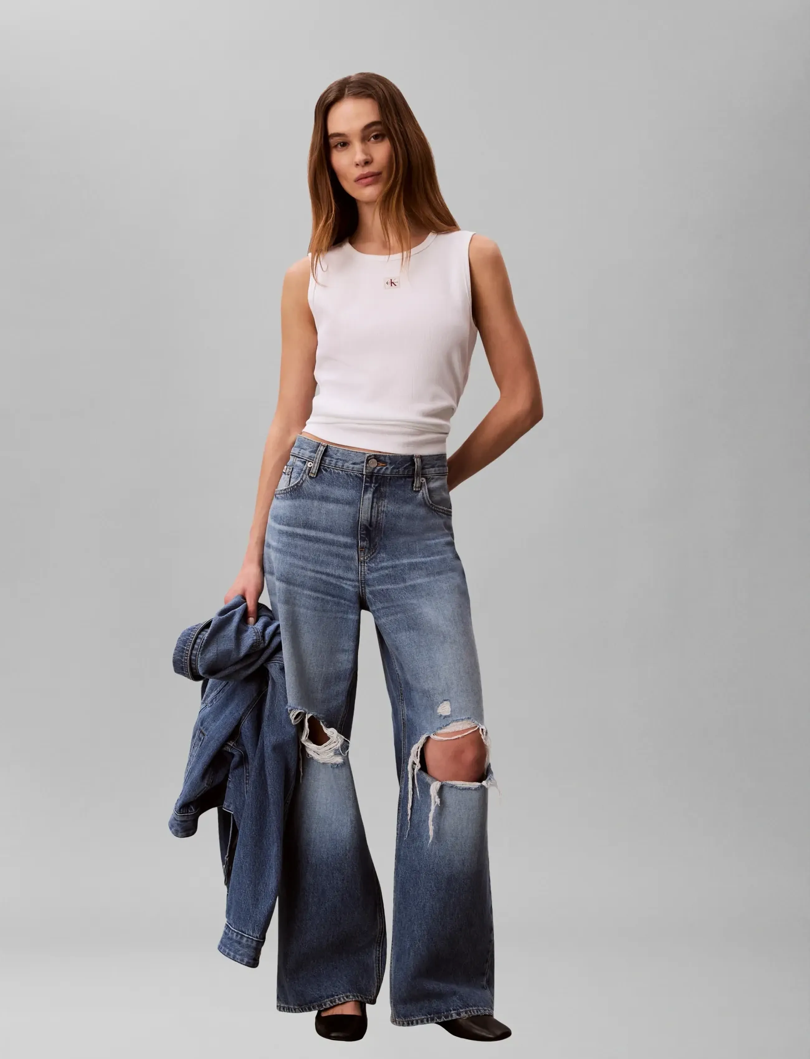 Calvin Klein Jeans Sl Woven Label 2X2 Baby Rib Cuto, Kvinder, Ribbet Tanktop, Hvid, Str: XS