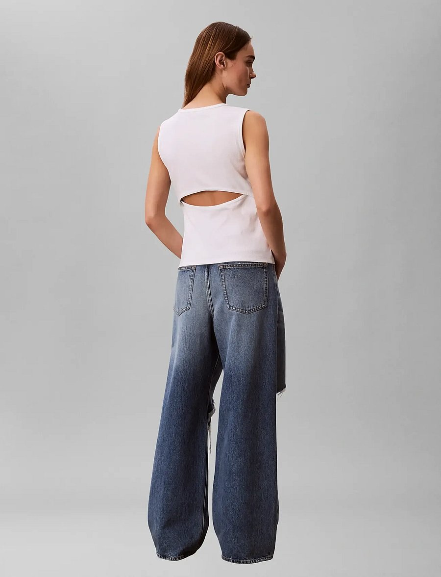 Calvin Klein Jeans - SL WOVEN LABEL 2X2 BABY RIB CUTO - strickwesten - bright white - 2