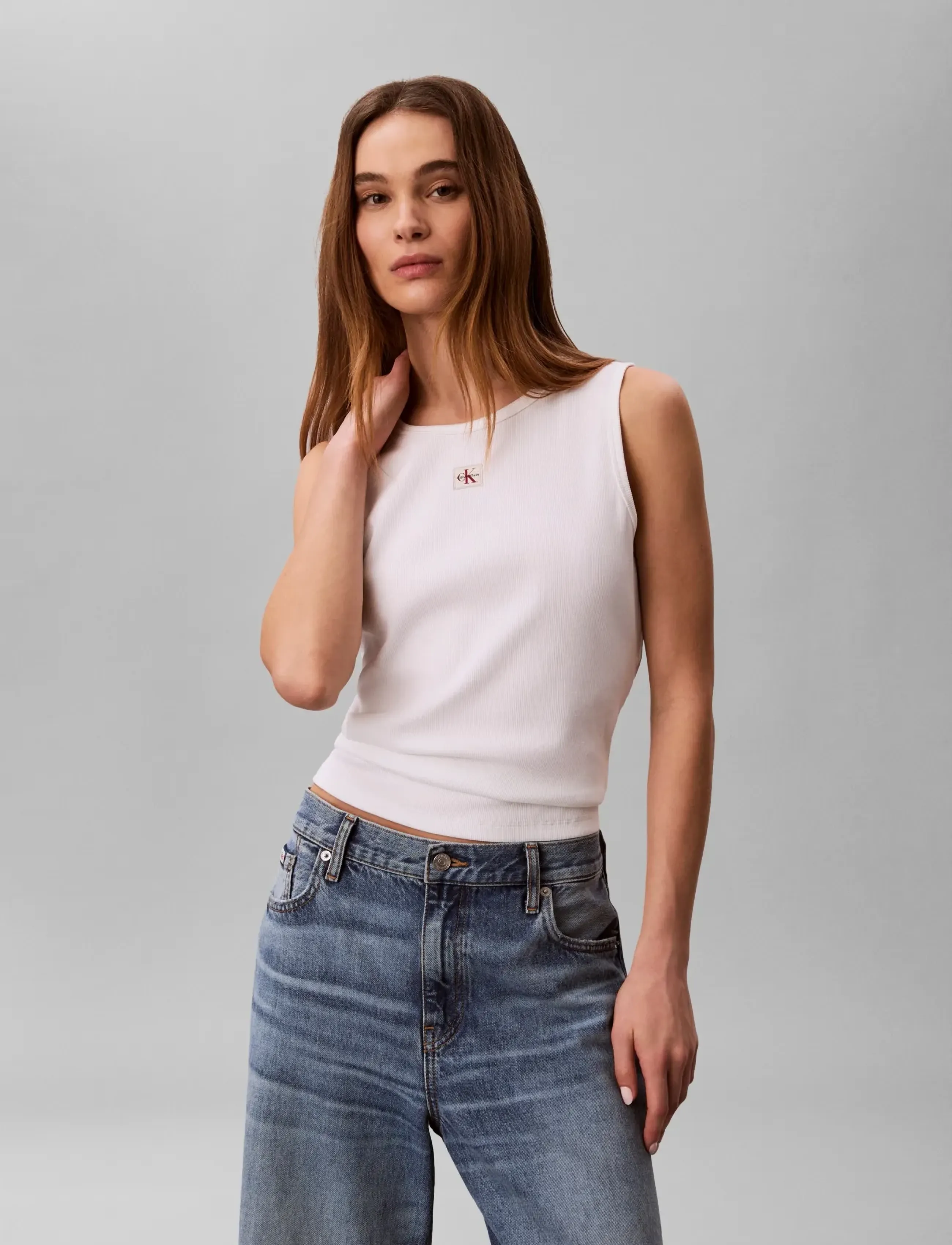 Calvin Klein Jeans - SL WOVEN LABEL 2X2 BABY RIB CUTO - strikveste - bright white - 3