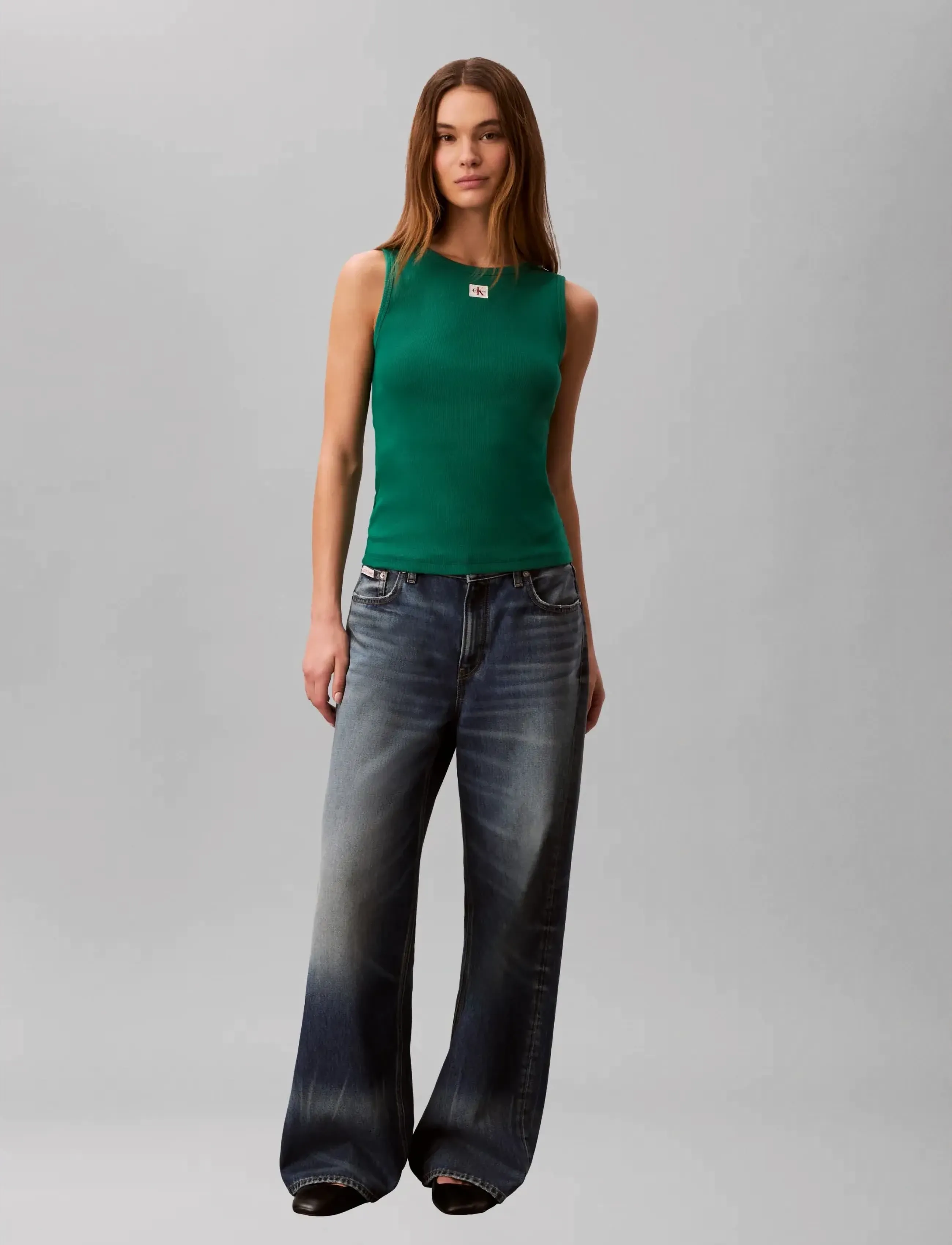 Calvin Klein Jeans Sl Woven Label 2X2 Baby Rib Cuto, Kvinder, Ribbet Tanktop, Grøn, Str: XL