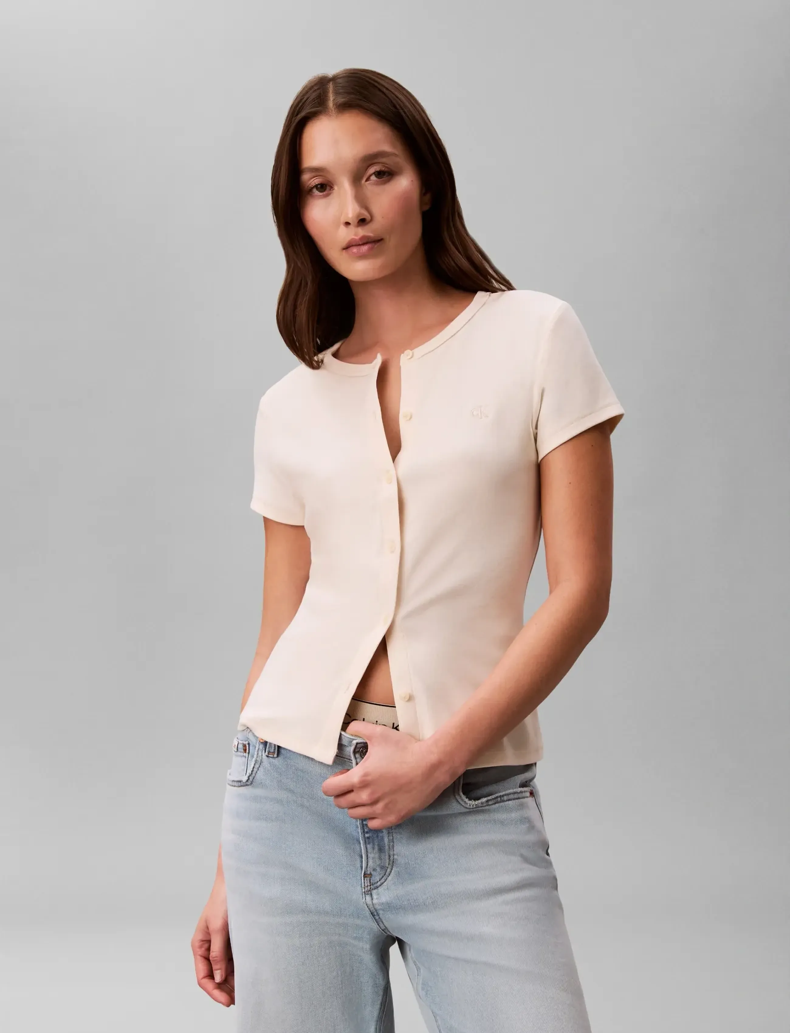 Calvin Klein Jeans Ss 1X1 Refined Rib Button Up Cre, XXS, Cream, T-Shirts & Toppe > Kortærmede, Dame