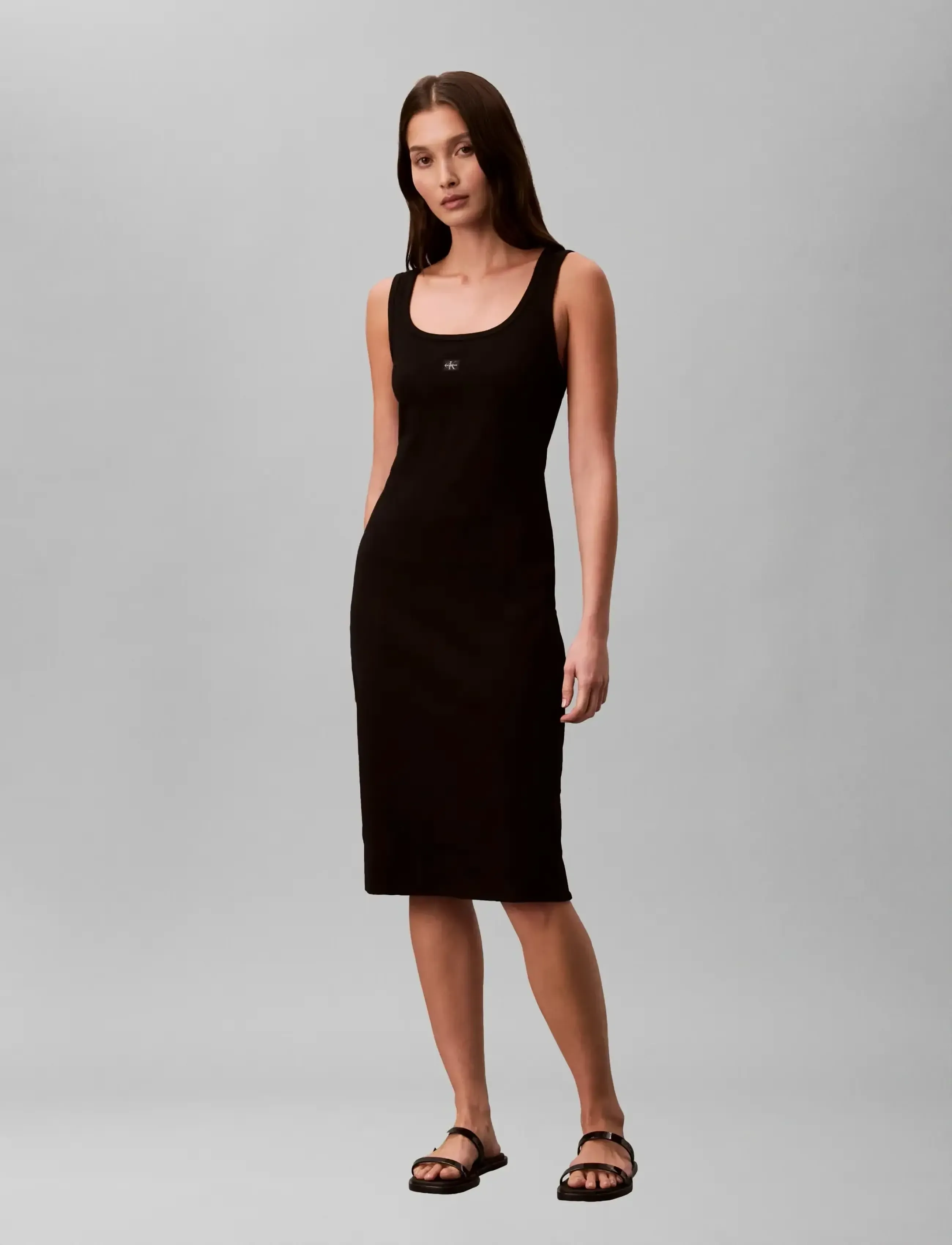 Calvin Klein Jeans SL BABY RIB WOVEN LABEL SQUARE N - Fodralklänningar - BLACK / black