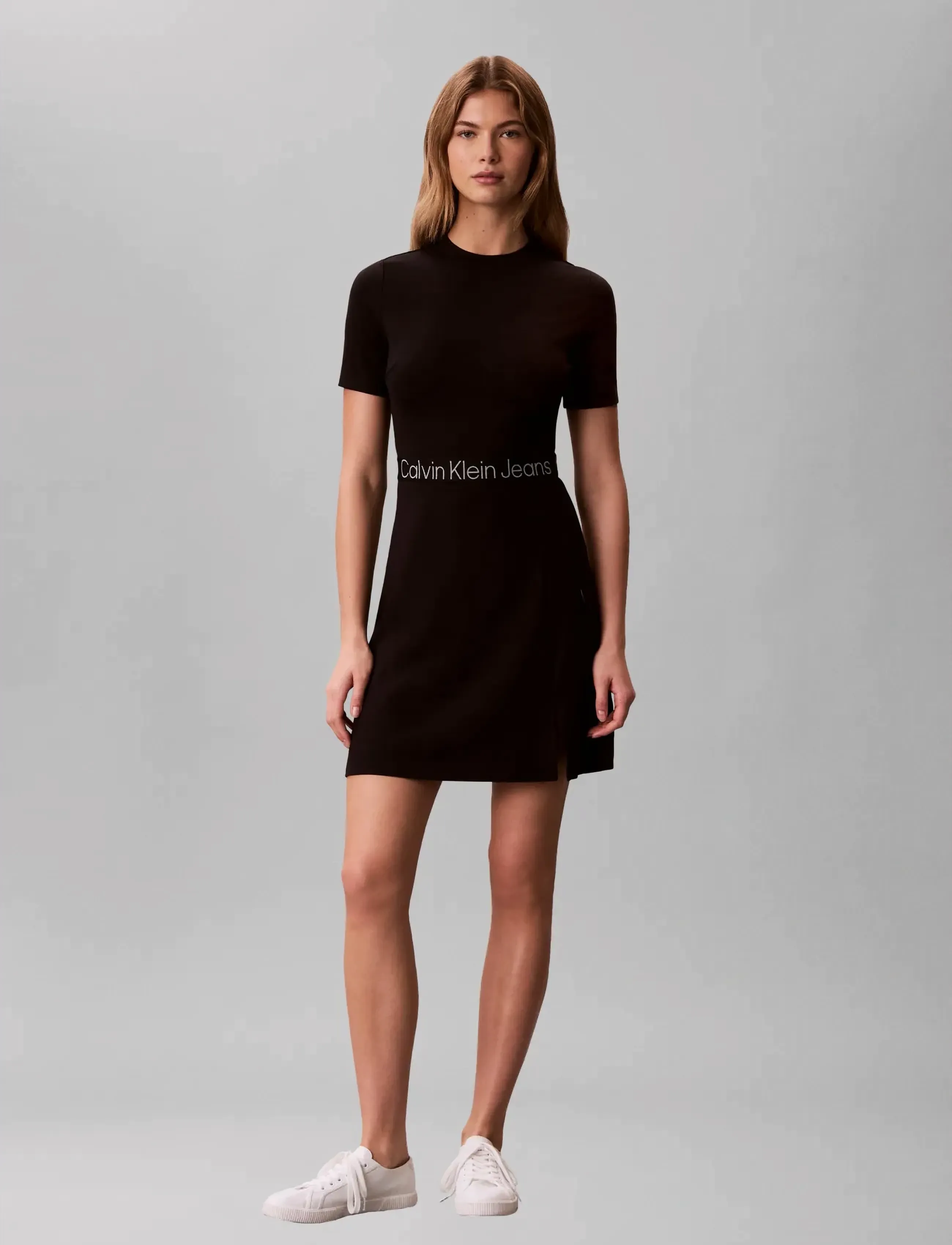 Calvin Klein Jeans Tape Milano Ss Dress, Kvinder, Logo Tape Kortærmet Kjole, Sort, Str: XS