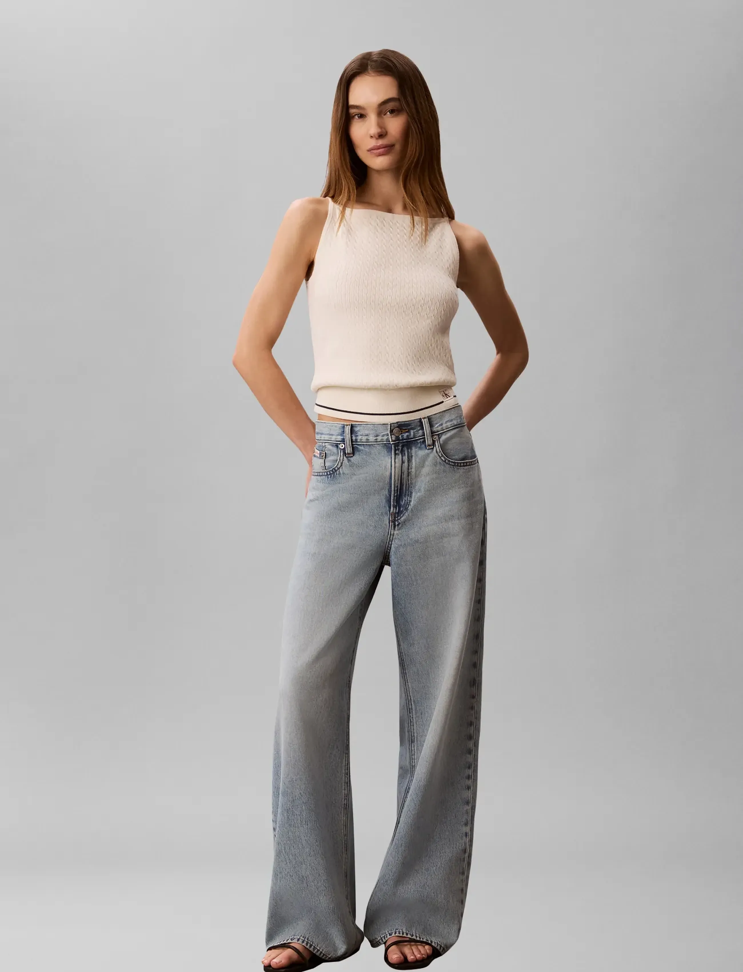 Calvin Klein Jeans SL SLIM WOVEN LABEL CABLE TANK - Calvin Klein - TOFU / cream