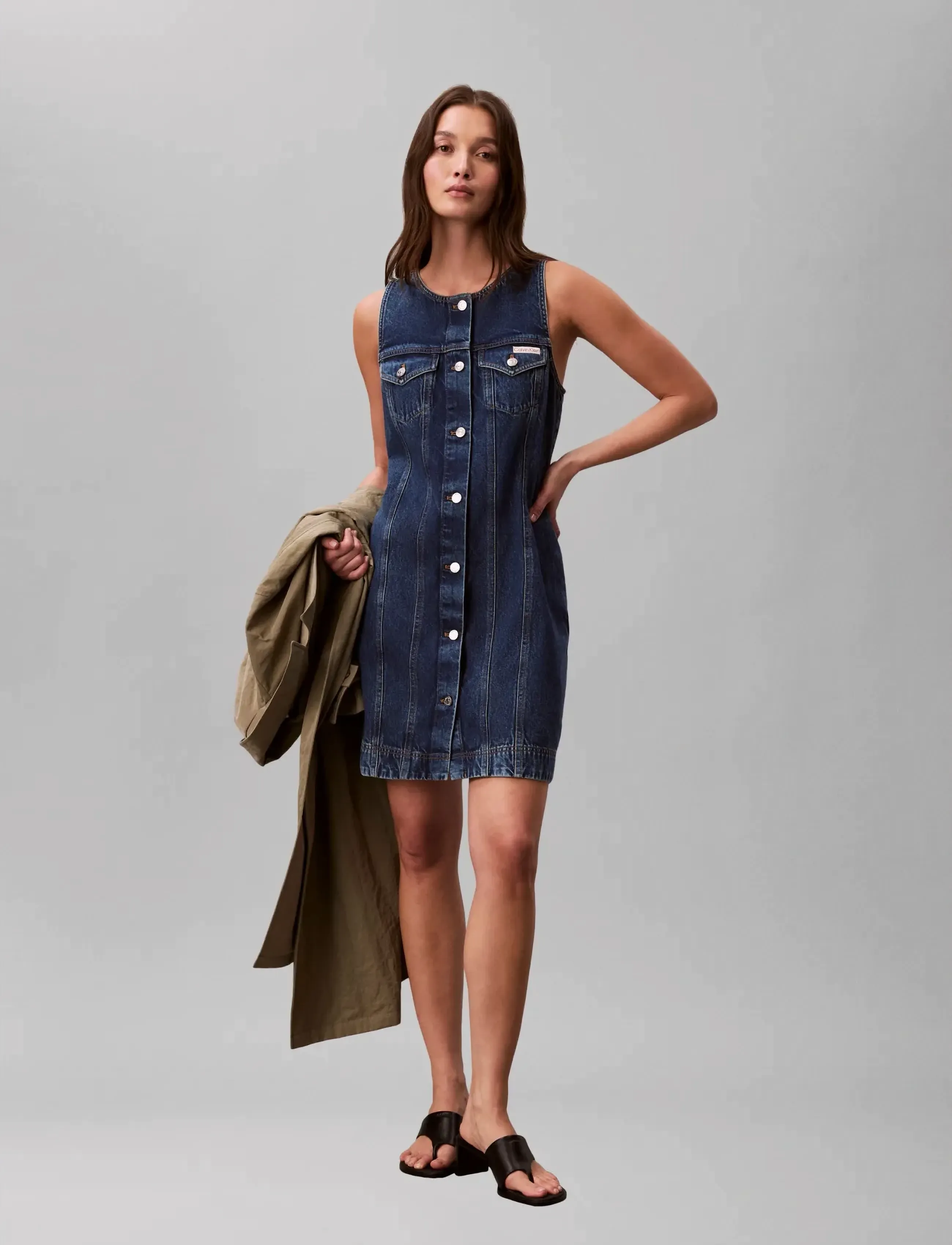 Calvin Klein Jeans Whs Slvls Mini Trucker Dress Mad, Kvinder, Ærmeløs Mini Trucker Kjole, Blå, Str: L