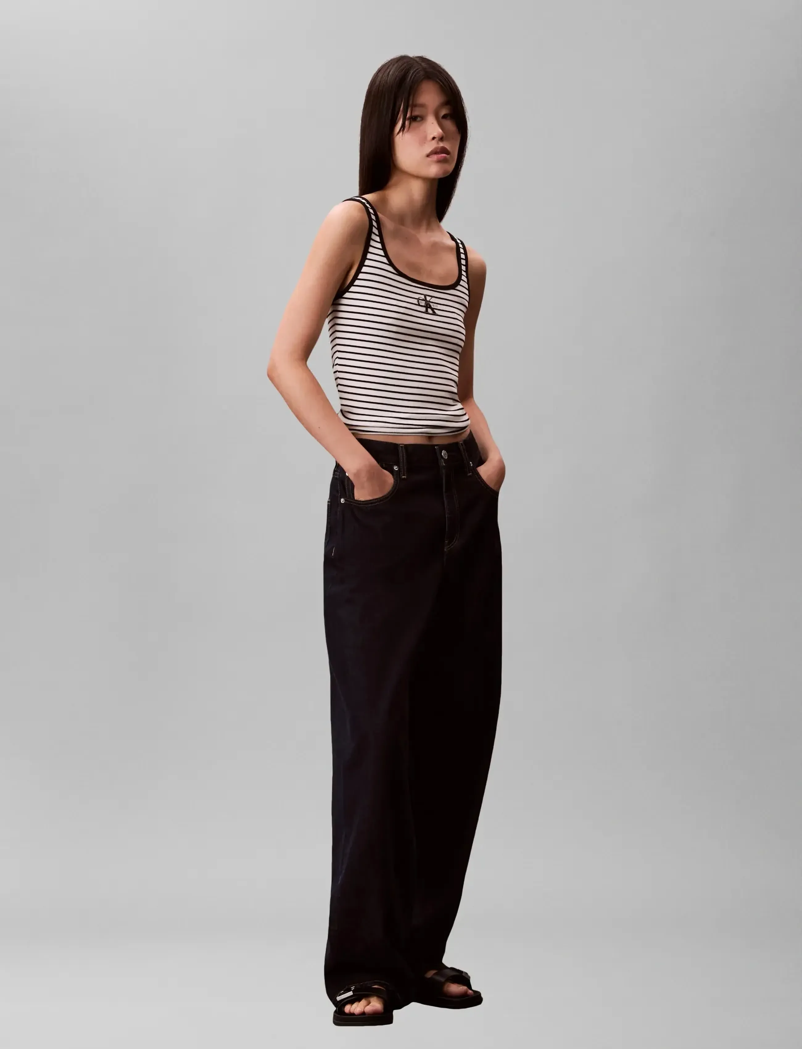 Calvin Klein Jeans Striped Monologo Scoop Nk Rib Ta, Kvinder, Stribet Ribbet Tanktop, Sort, Str: XXS