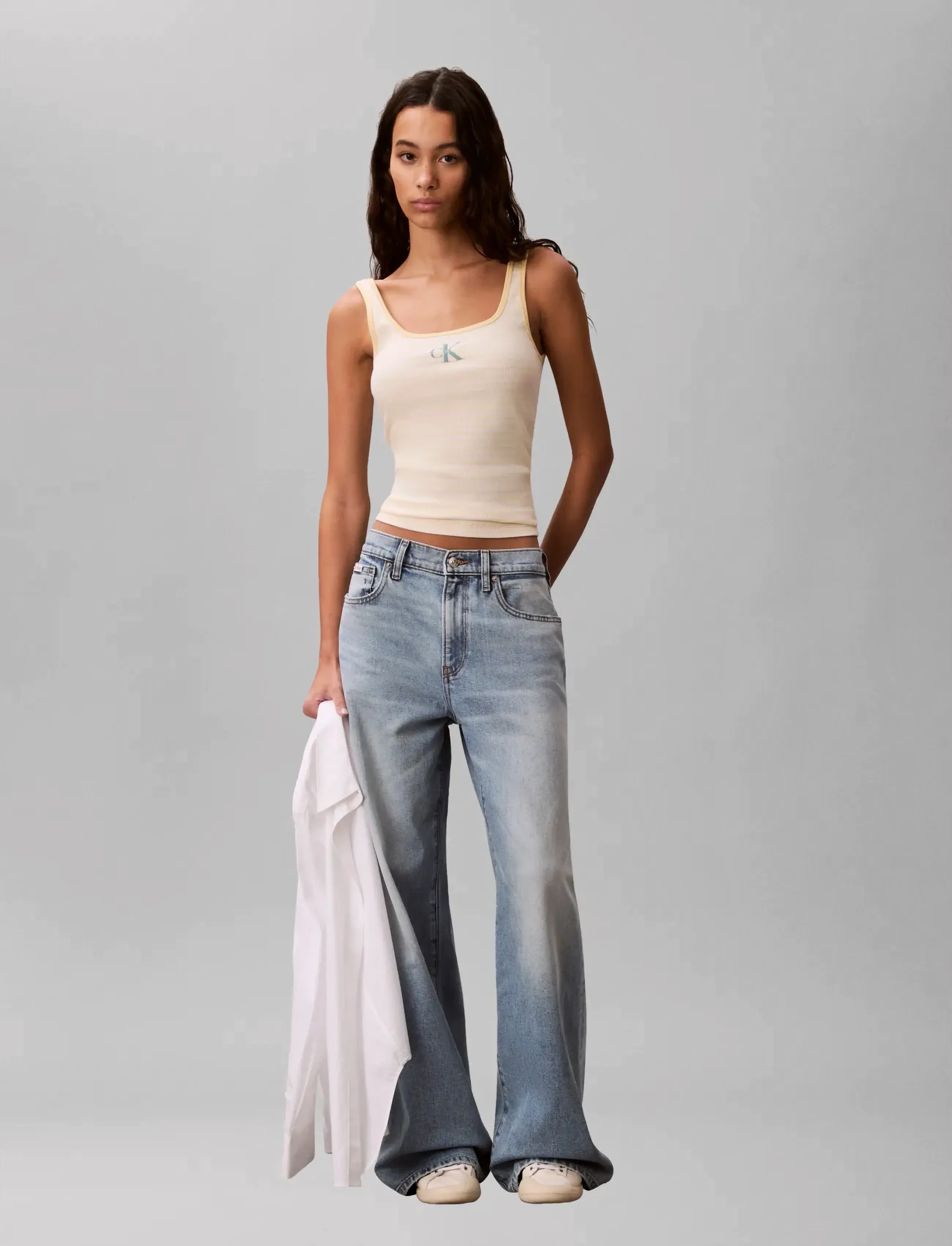 Calvin Klein Jeans Striped Monologo Scoop Nk Rib Ta, Kvinder, Stribet Ribbet Tanktop, Gul, Str: S