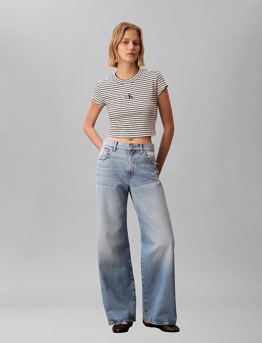 Calvin Klein Jeans - STRIPED MONOLOGO BABY RIB TEE - crop tops - csw25s k004 3 black - 0