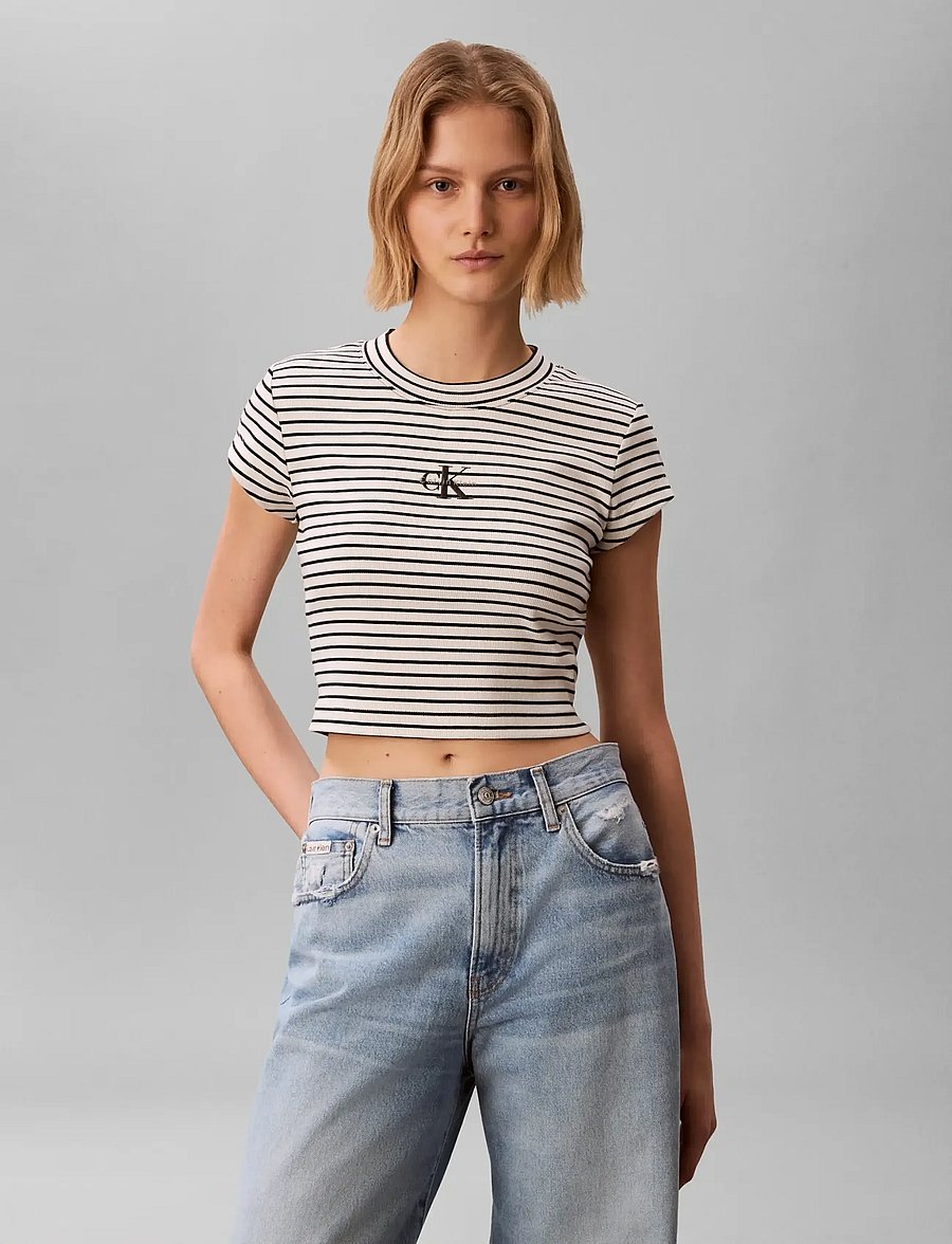 Calvin Klein Jeans - STRIPED MONOLOGO BABY RIB TEE - crop tops - csw25s k004 3 black - 3