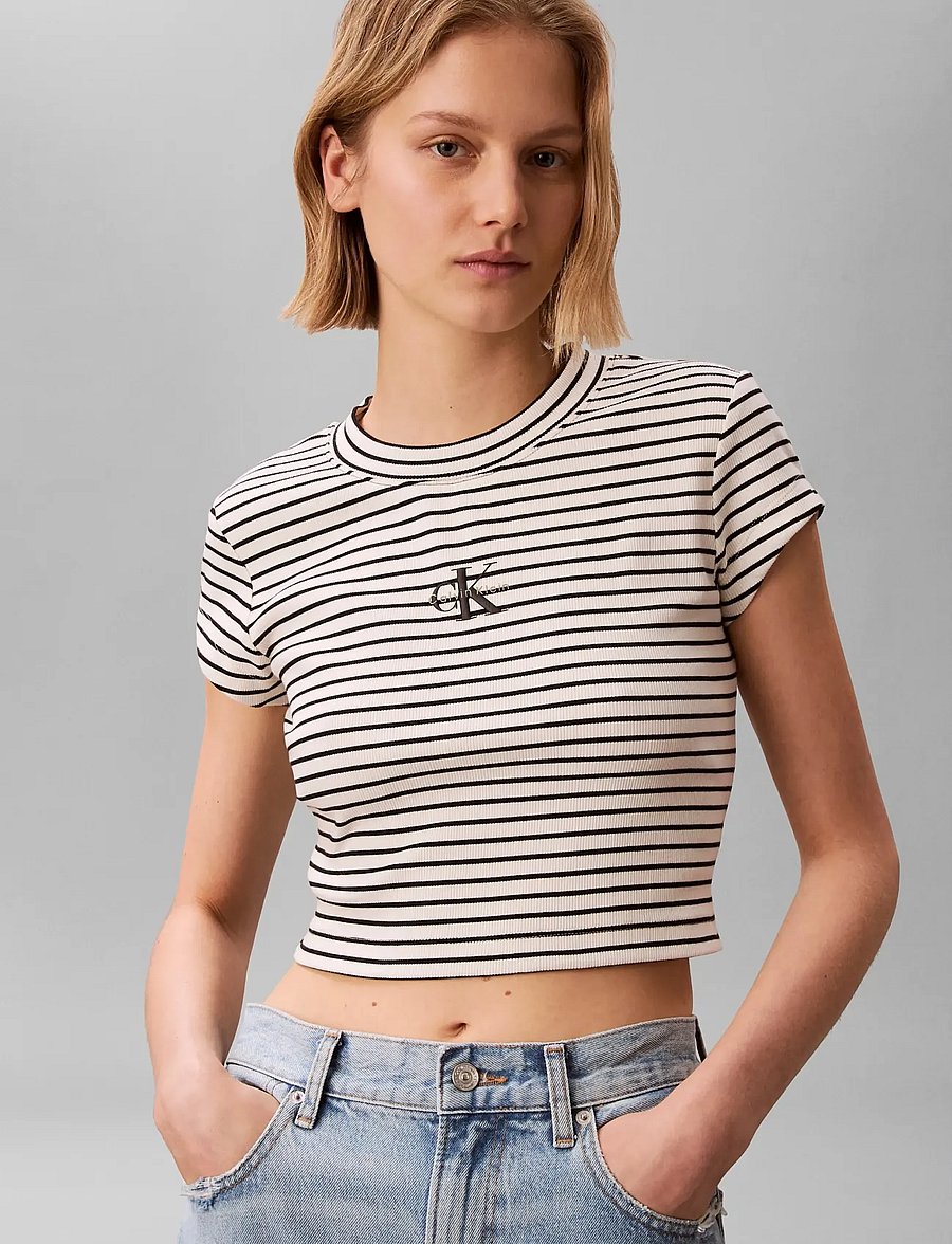Calvin Klein Jeans - STRIPED MONOLOGO BABY RIB TEE - crop tops - csw25s k004 3 black - 4