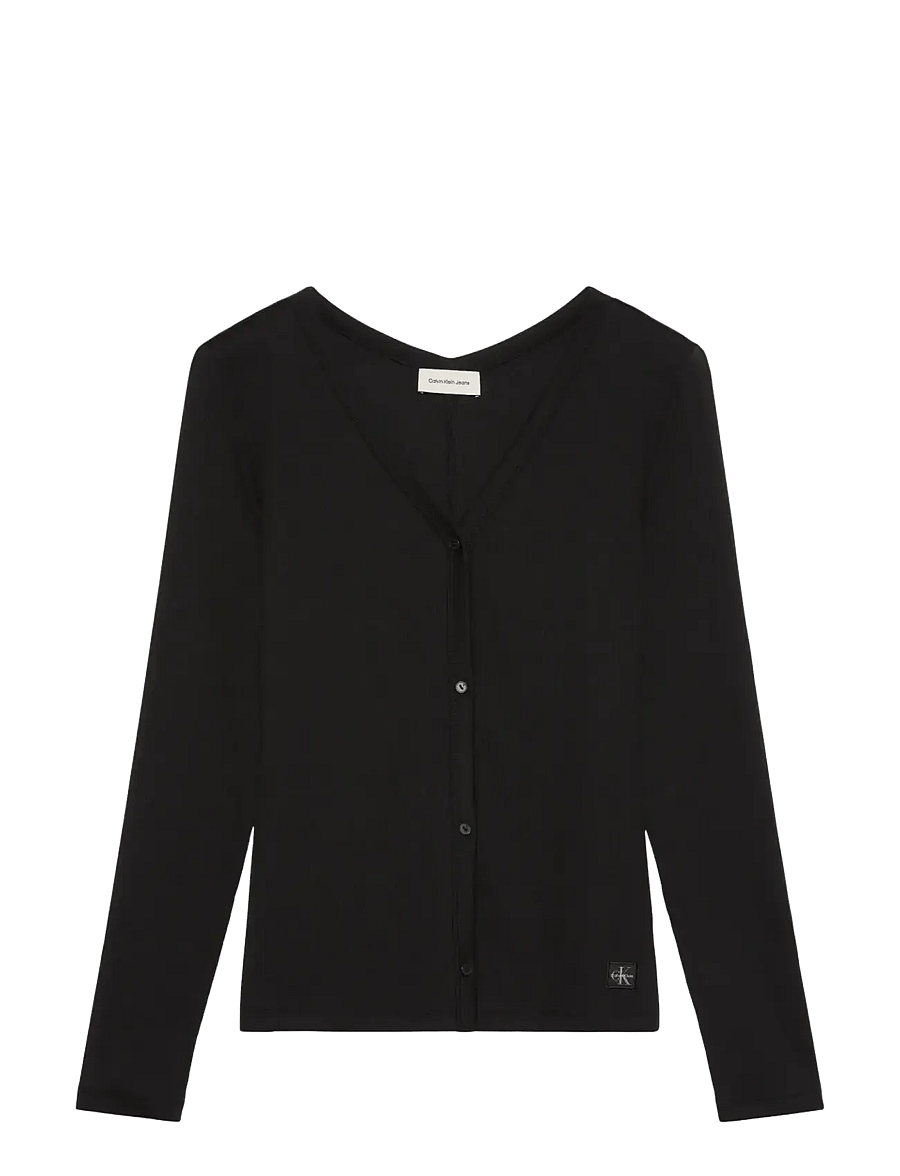 Calvin Klein Jeans - LS WOVEN LABEL BABY RIB BUTTON F - gebreide vesten - black - 1