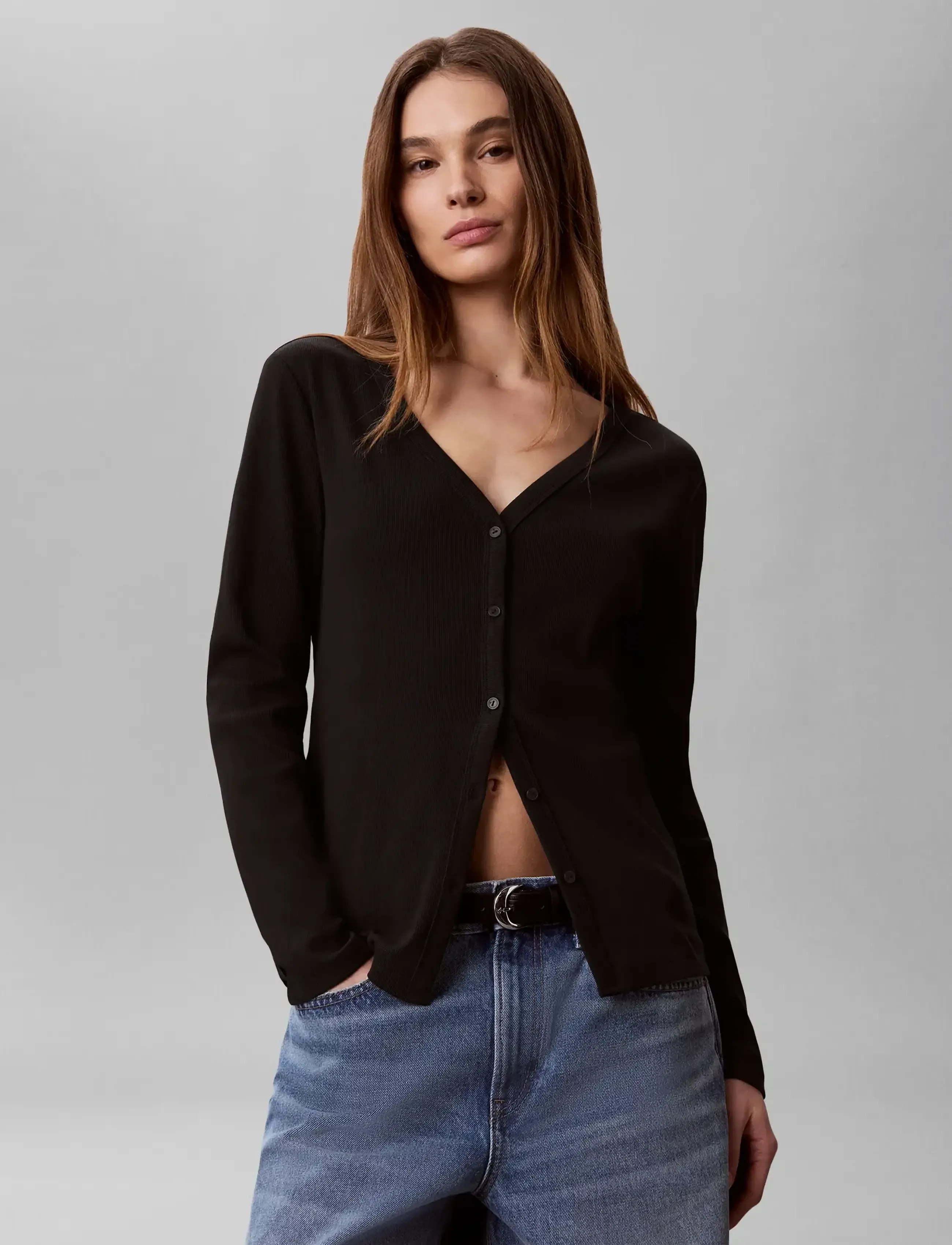 Calvin Klein Jeans LS WOVEN LABEL BABY RIB BUTTON F - Strickmode - BLACK / black