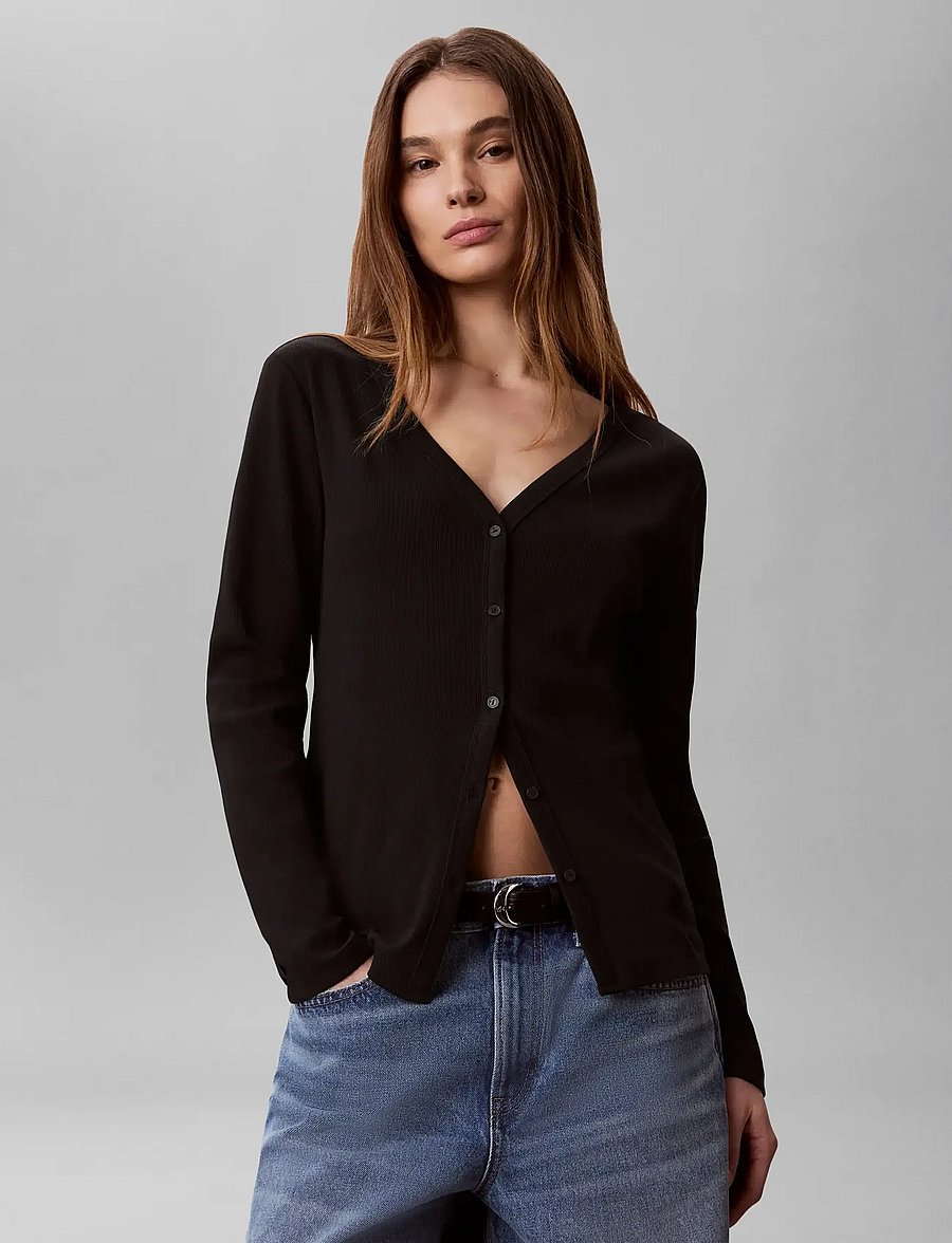 Calvin Klein Jeans - LS WOVEN LABEL BABY RIB BUTTON F - gebreide vesten - black - 0