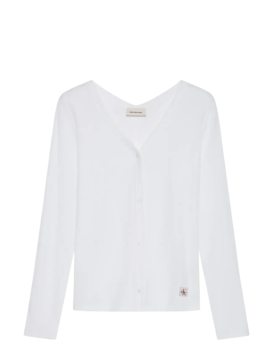 Calvin Klein Jeans - LS WOVEN LABEL BABY RIB BUTTON F - strickjacken - bright white - 1