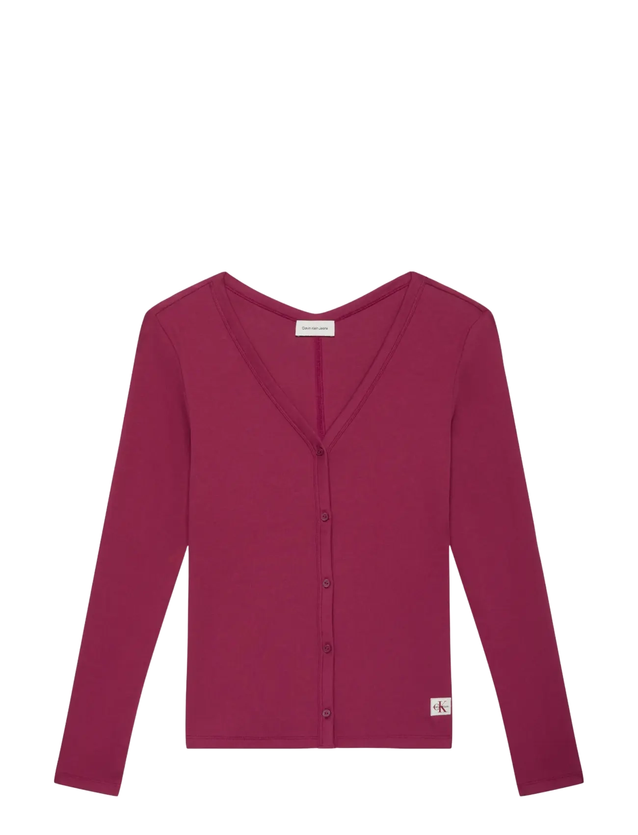 Calvin Klein Jeans LS WOVEN LABEL BABY RIB BUTTON F - Strickjacken - RHODODENDRON / burgundy