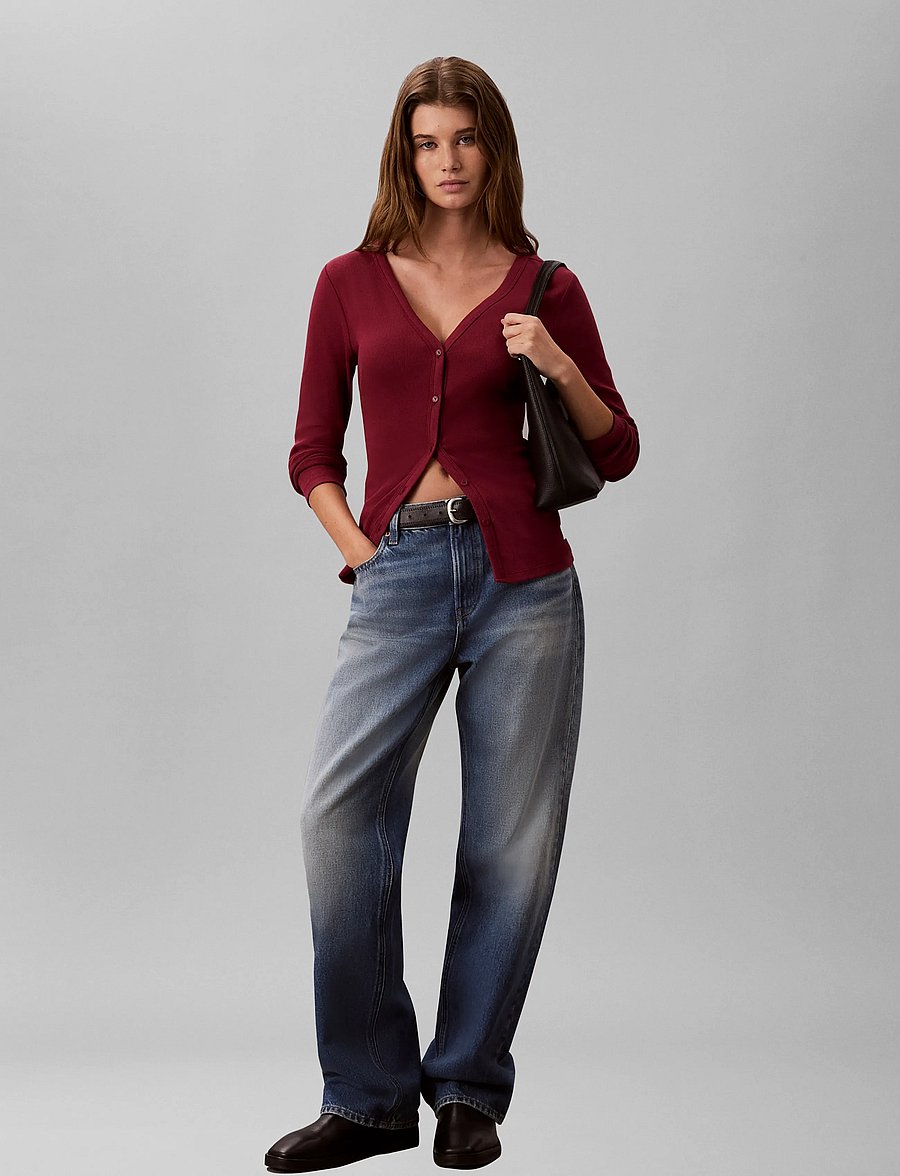 Calvin Klein Jeans - LS WOVEN LABEL BABY RIB BUTTON F - strickjacken - rhododendron - 0