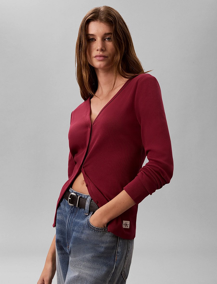 Calvin Klein Jeans - LS WOVEN LABEL BABY RIB BUTTON F - strickjacken - rhododendron - 5
