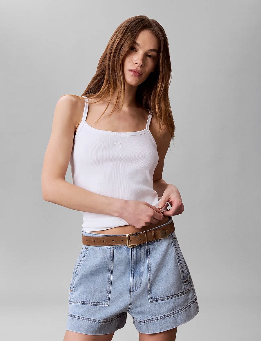 Calvin Klein Jeans - SL 2X2 BABY RIB STRAP TANK - sleeveless tops - bright white - 0