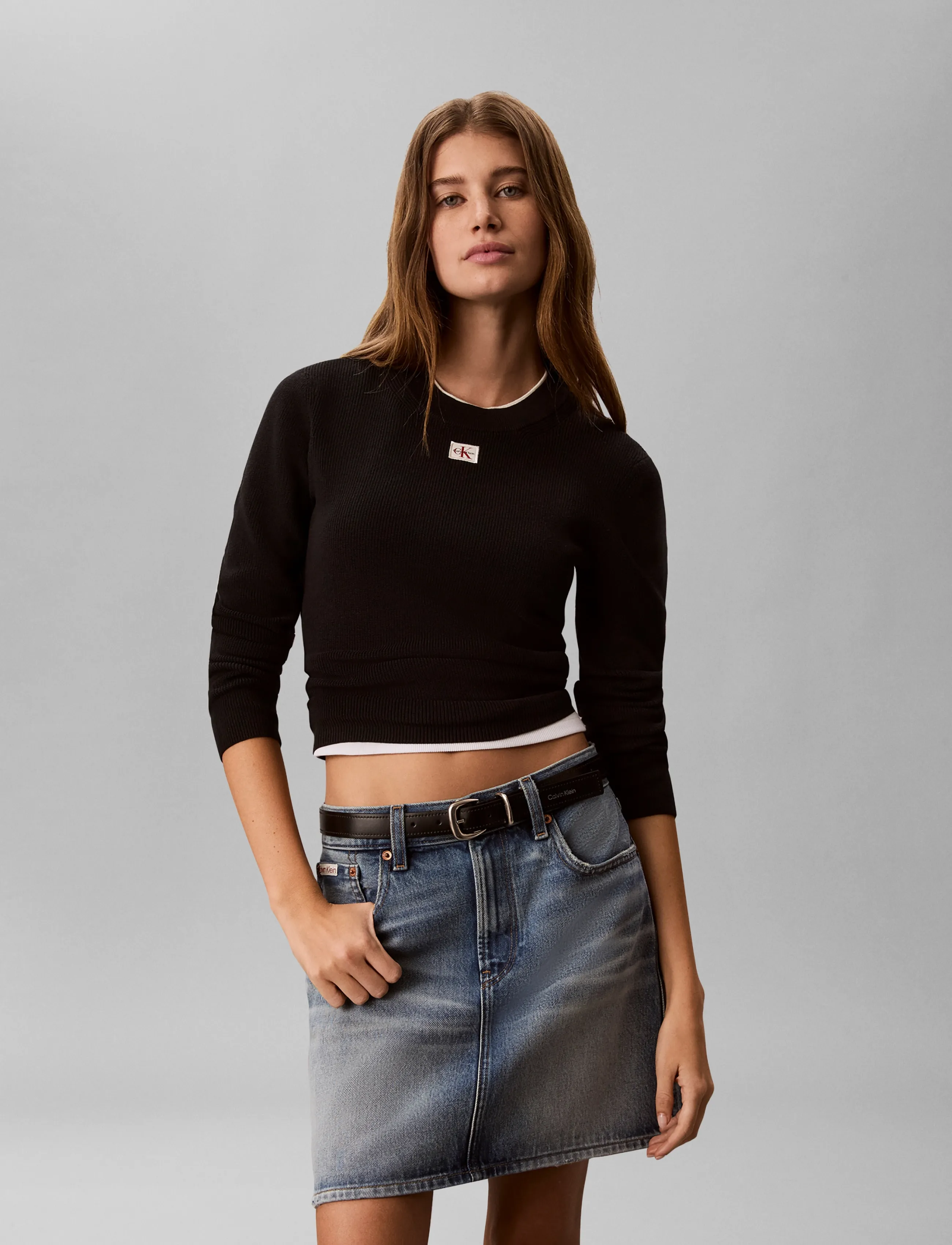 Calvin Klein Jeans WOVEN LABEL LS CREW NECK - Stickat - BLACK / black