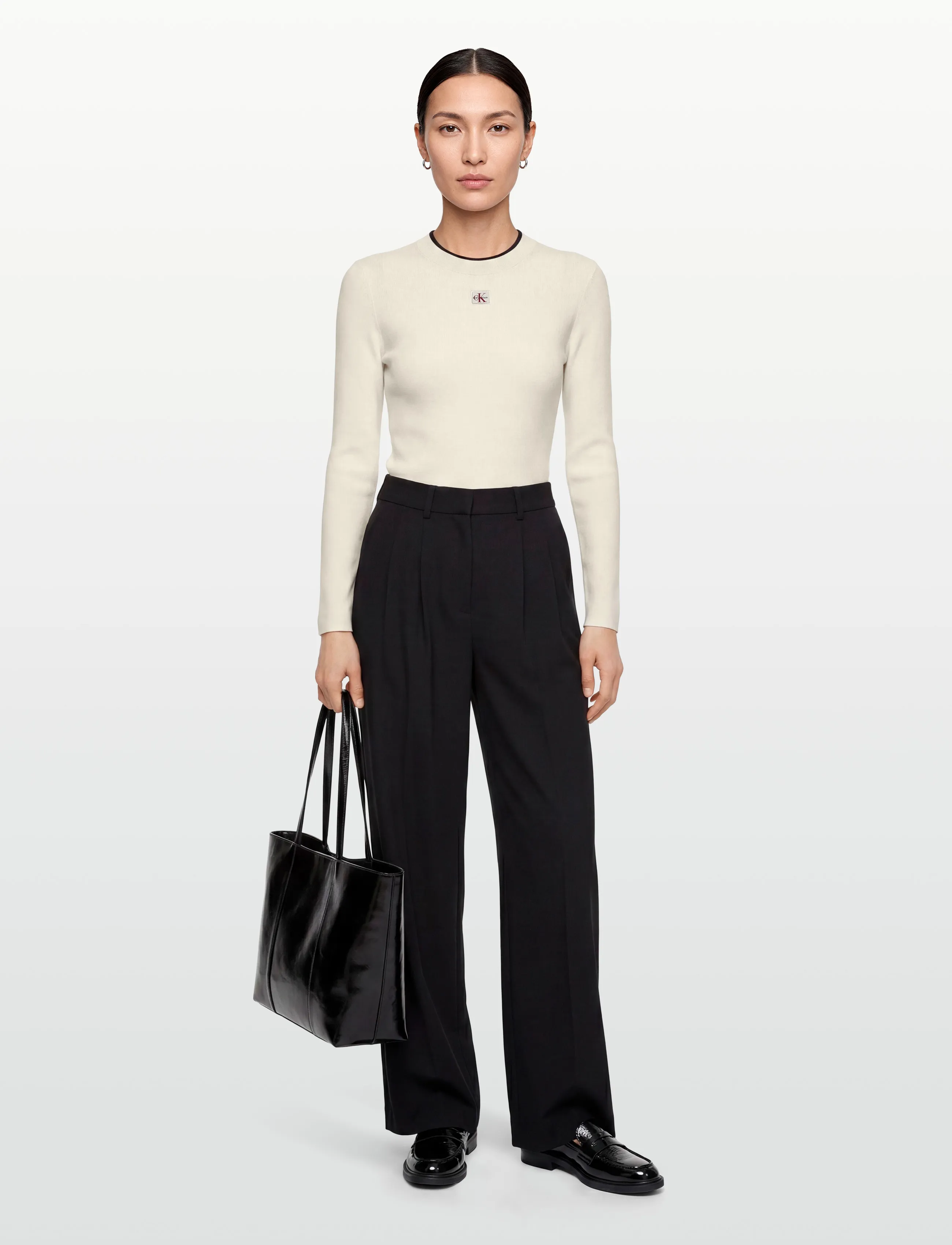 Calvin Klein Jeans WOVEN LABEL LS CREW NECK - Swetry - TOFU / cream