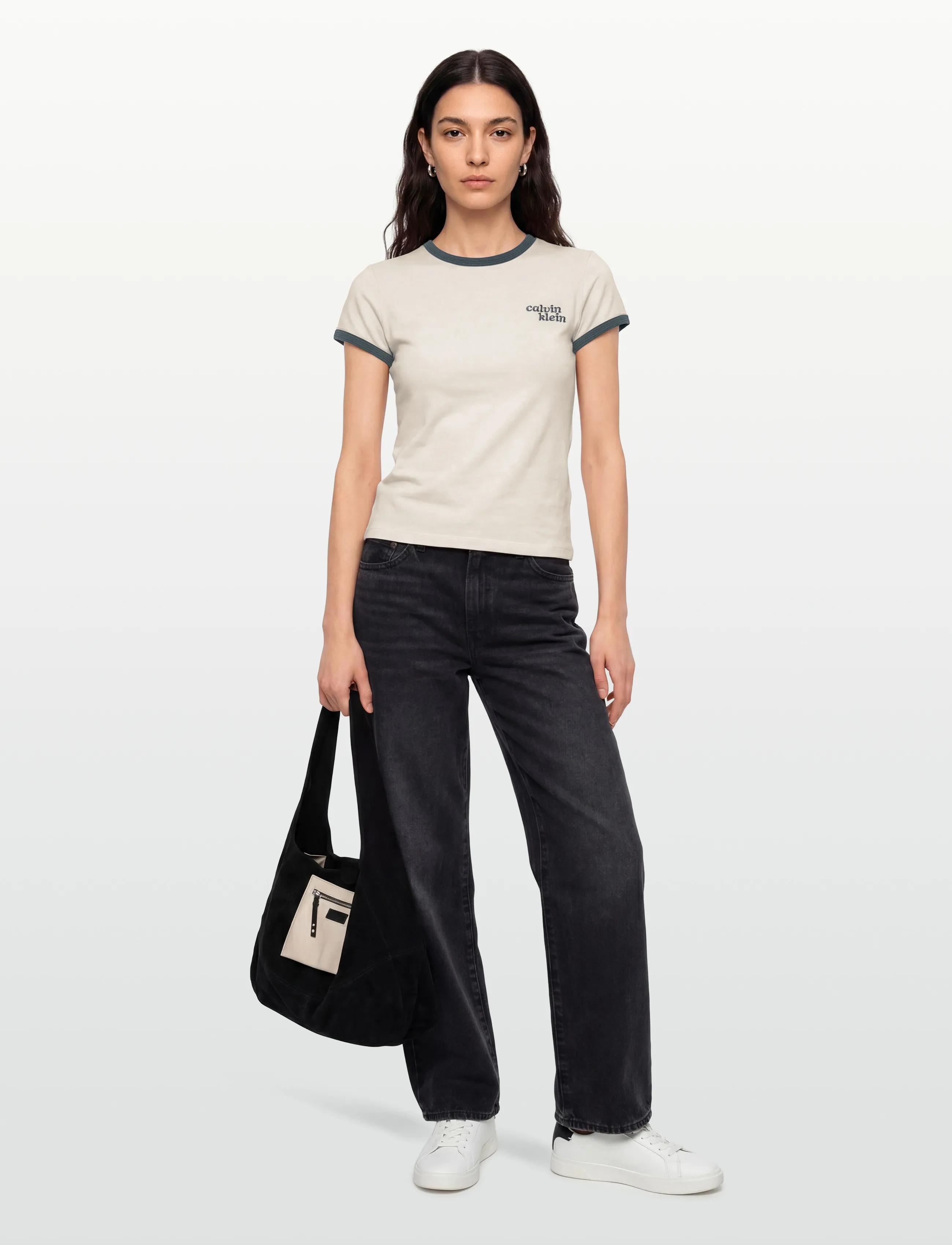 Calvin Klein Jeans Ss Slim Logo Ringer Tee, M, Cream, T-Shirts & Toppe > Kortærmede, Dame