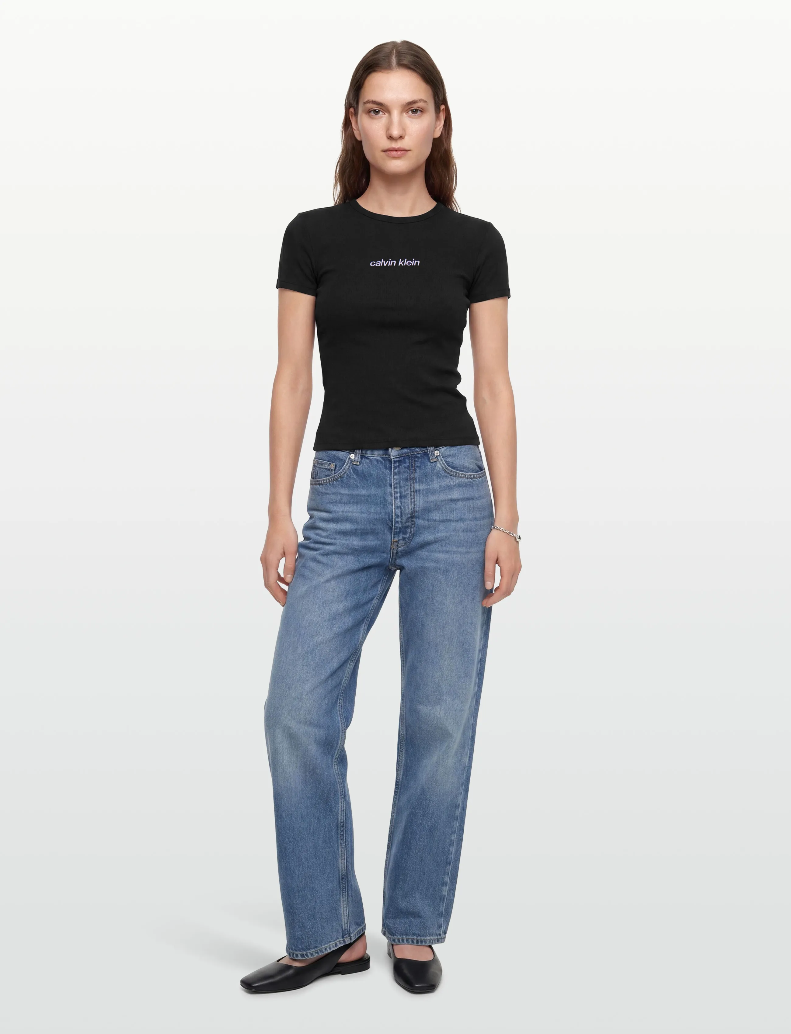 Calvin Klein Jeans Ss Contour Rib Logo Ringer Tee, XS, Black, T-Shirts & Toppe > Kortærmede, Dame