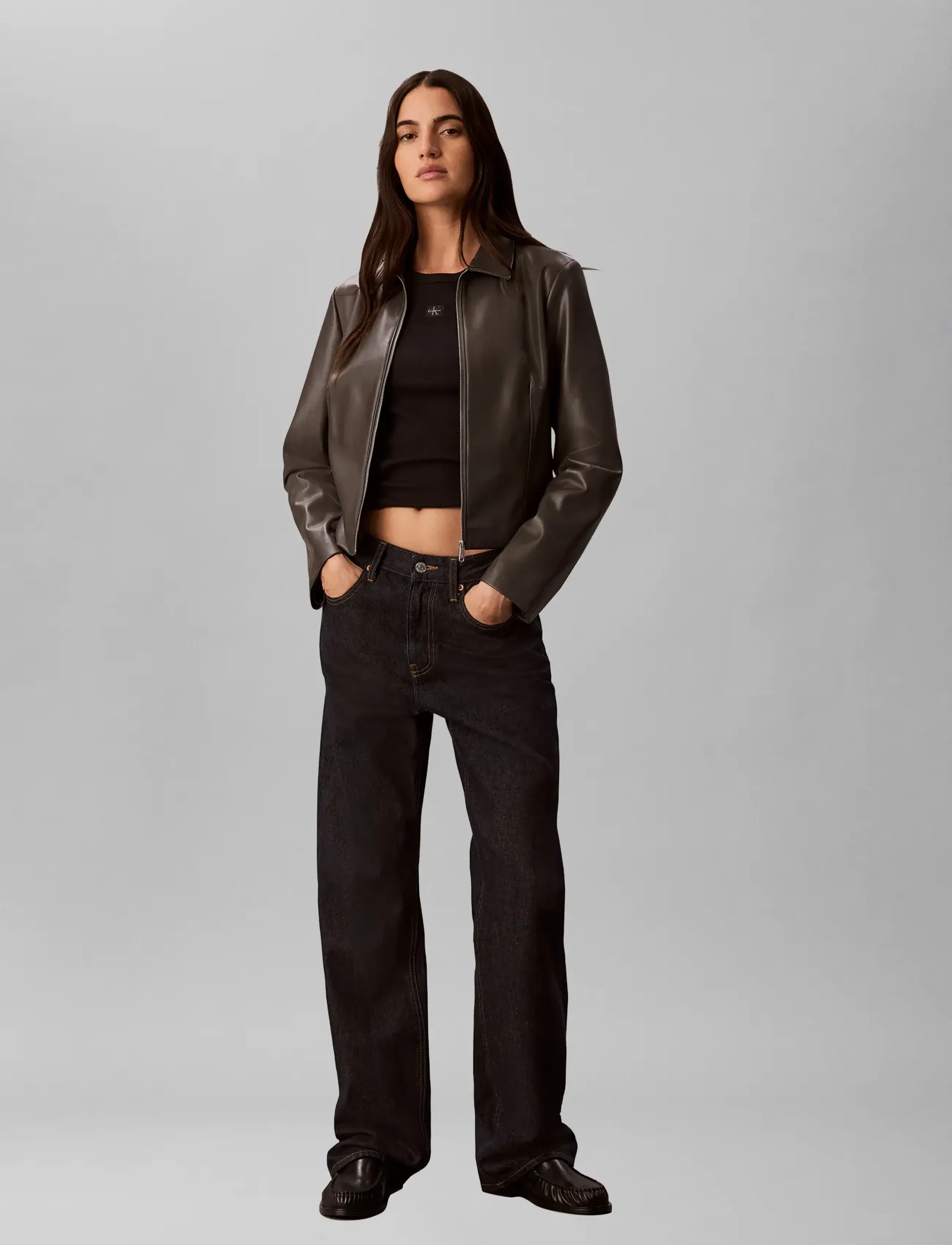 Calvin Klein Jeans FAUX LEATHER LS ZIP SHIRT - Calvin Klein Jeans - VOLCANIC ASH / brown