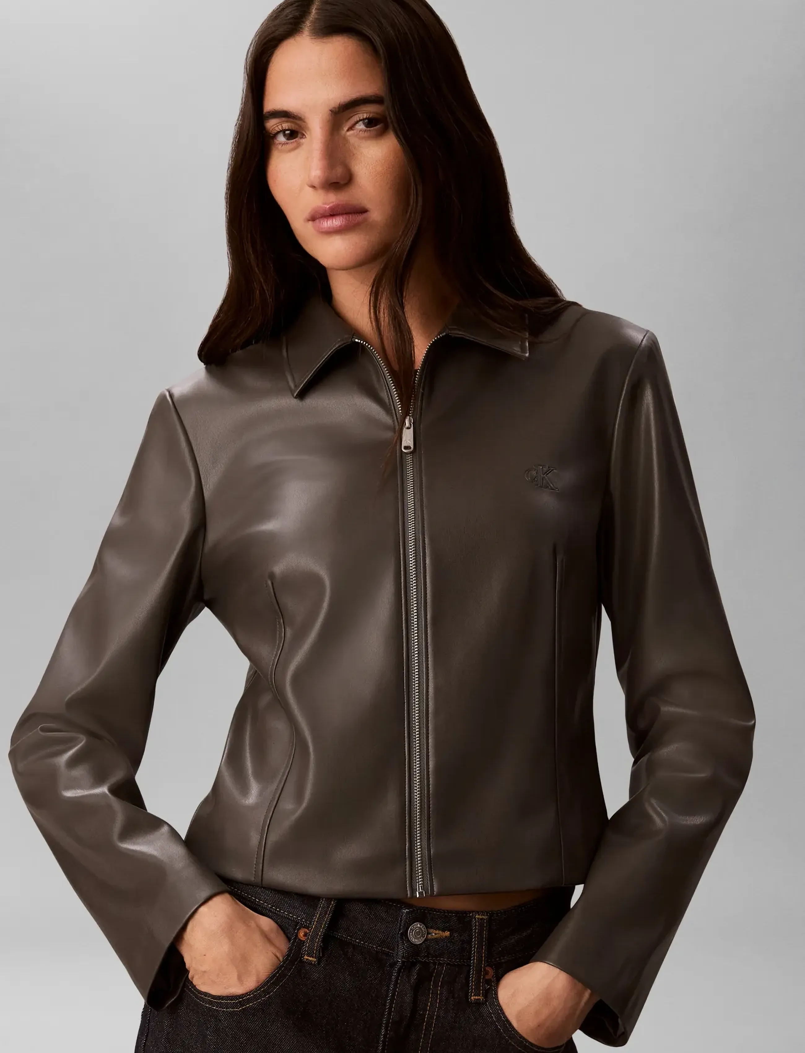 Calvin Klein Jeans - FAUX LEATHER LS ZIP SHIRT - volcanic ash - 5