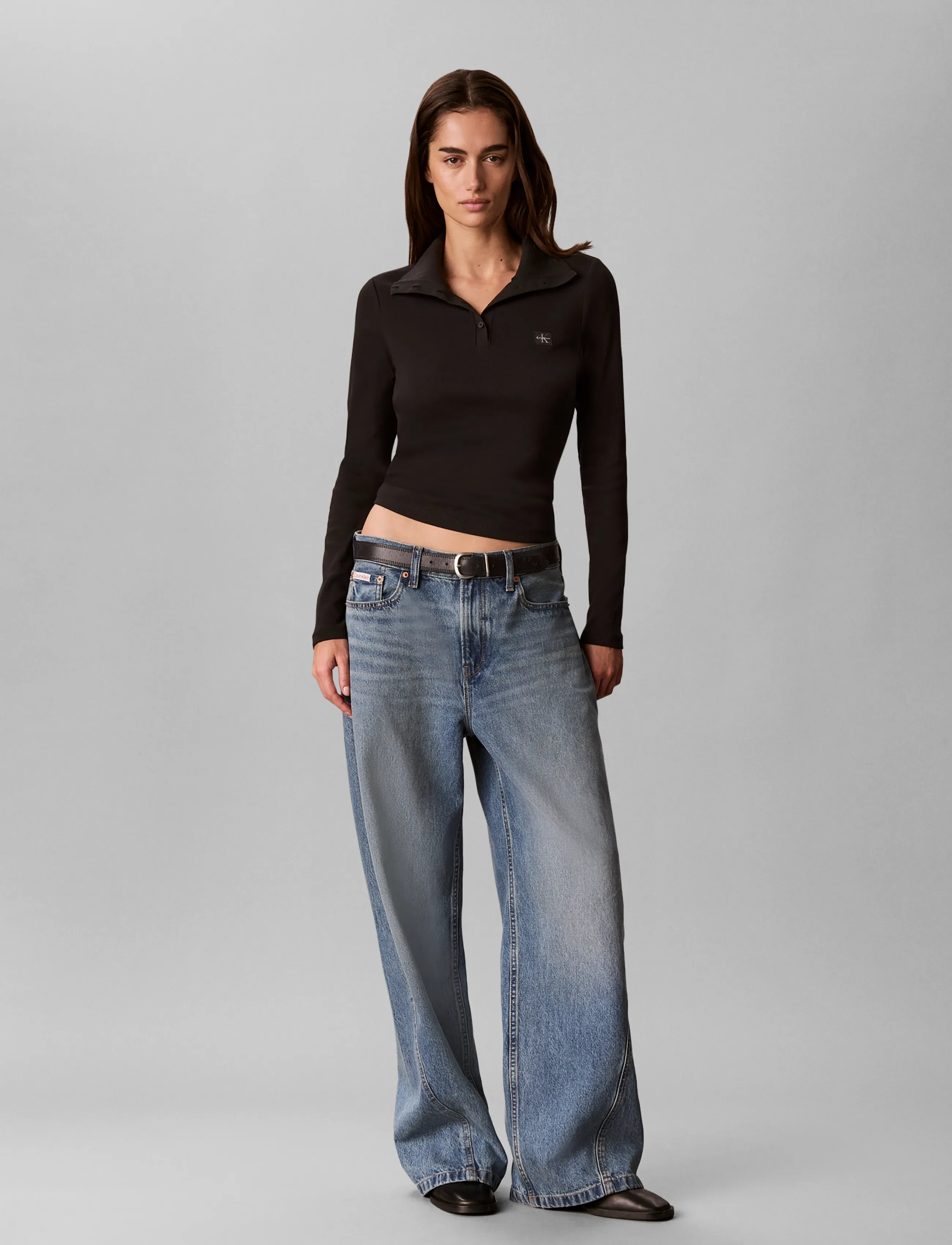 Calvin Klein Jeans LS WVN LABEL TNECK HENLEY - Calvin Klein Jeans - BLACK / black
