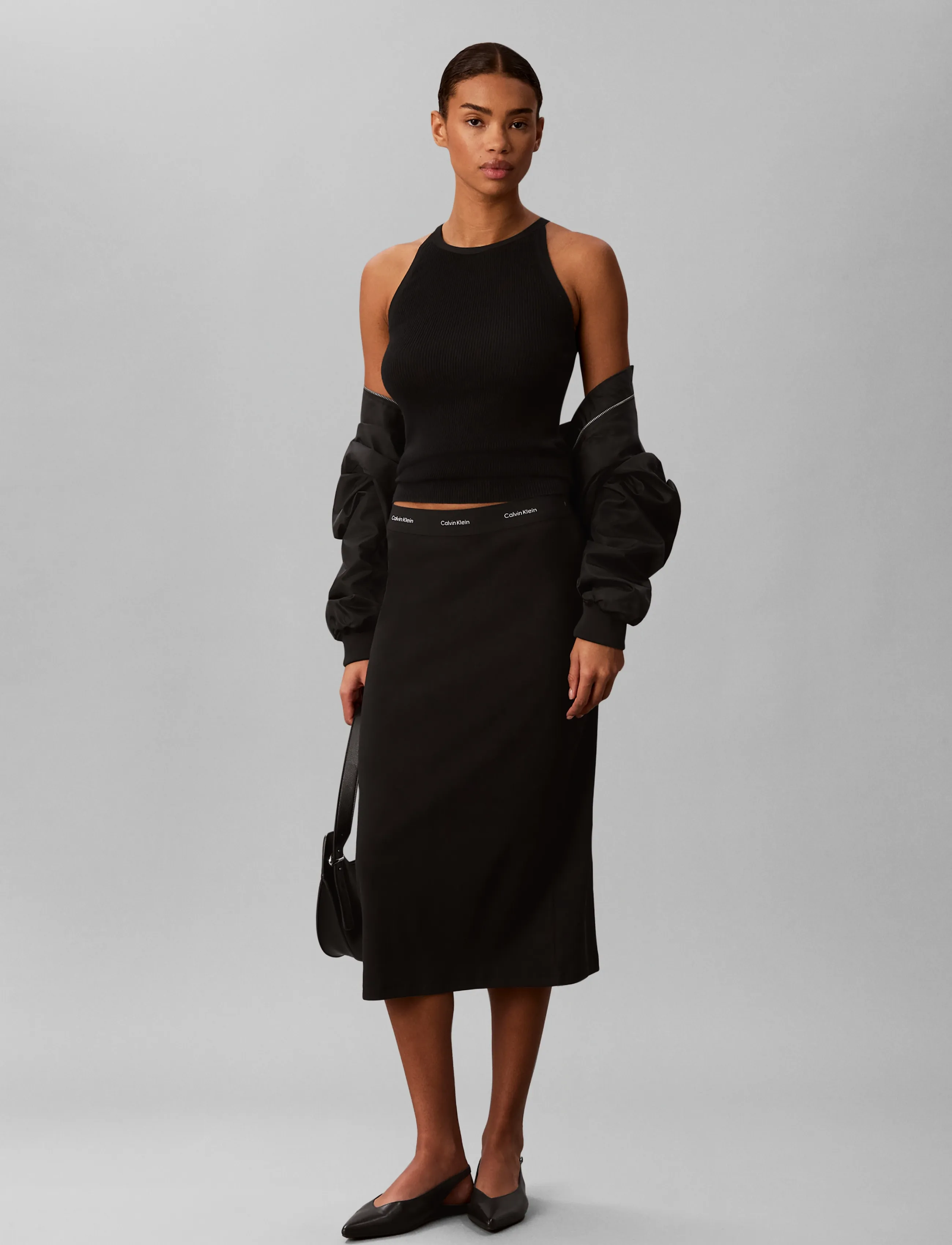 Calvin Klein Jeans 2X2 Baby Rib Logo Midi Skirt, S, Black, Nederdele > Knælange Og Midi Nederdele, Dame