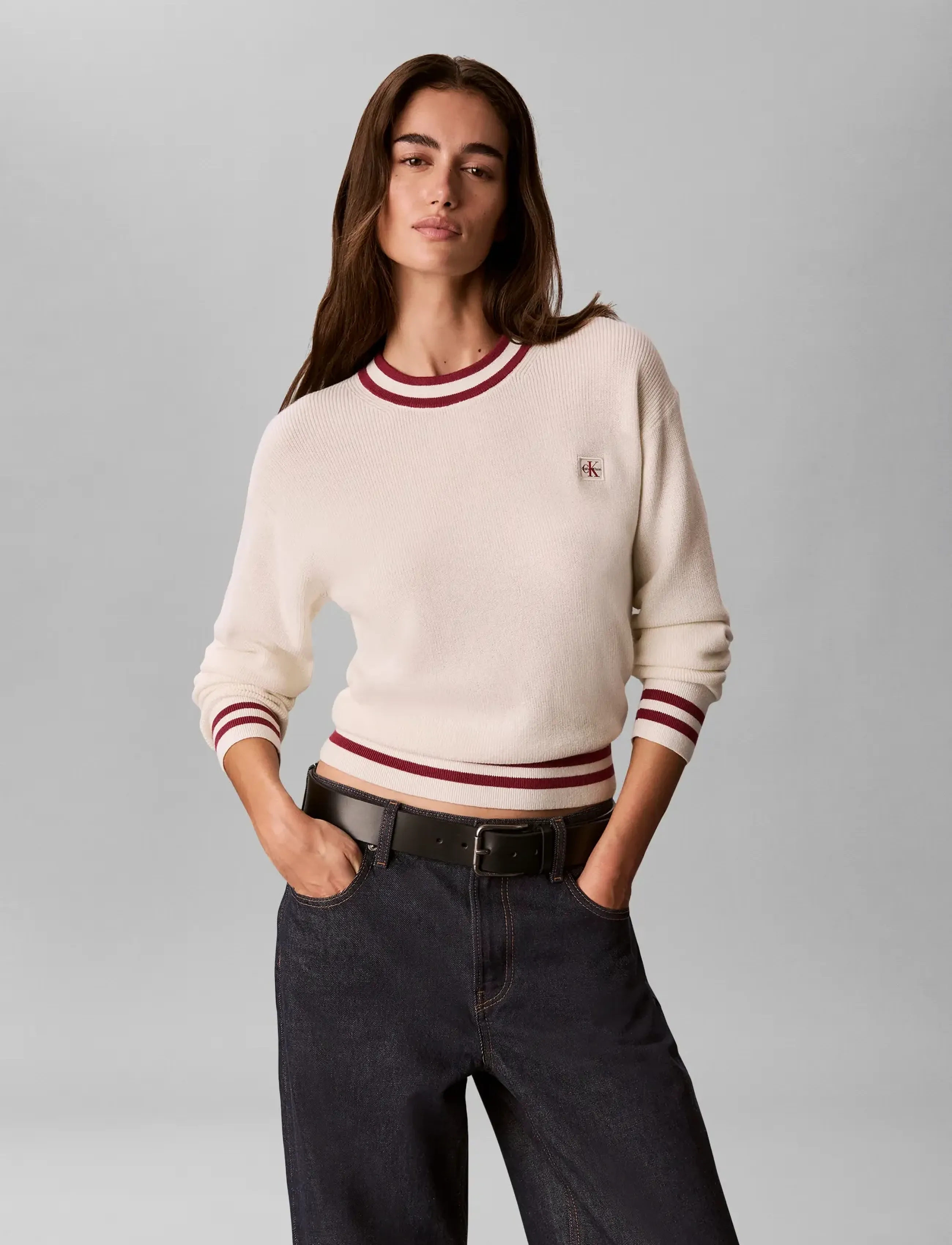 Calvin Klein Jeans - WOVEN LABEL CREWNECK SWEATER - tofu - 3