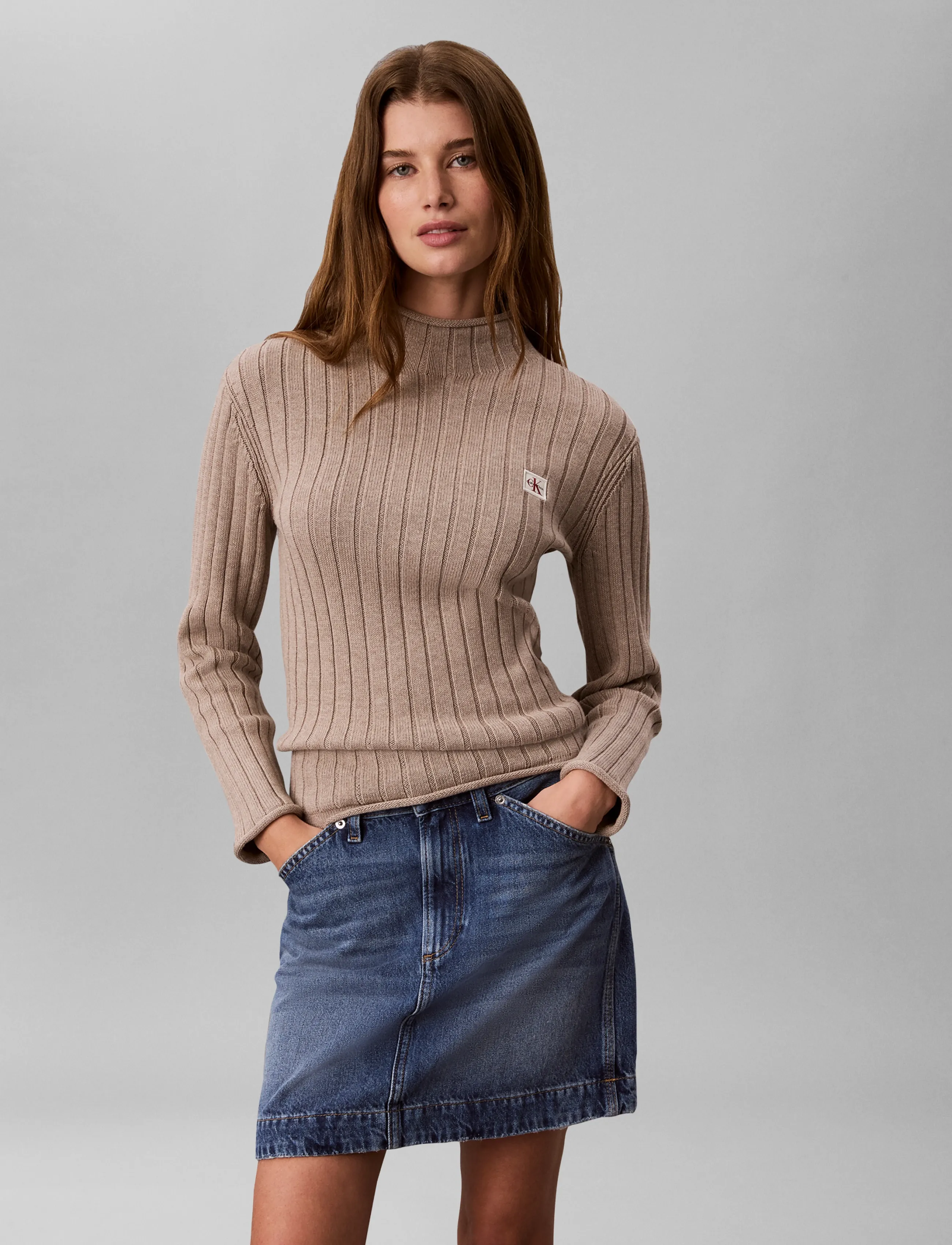 Calvin Klein Jeans - WOVEN LABEL TNECK SWEATER - rullekraver - oatmeal melange - 3
