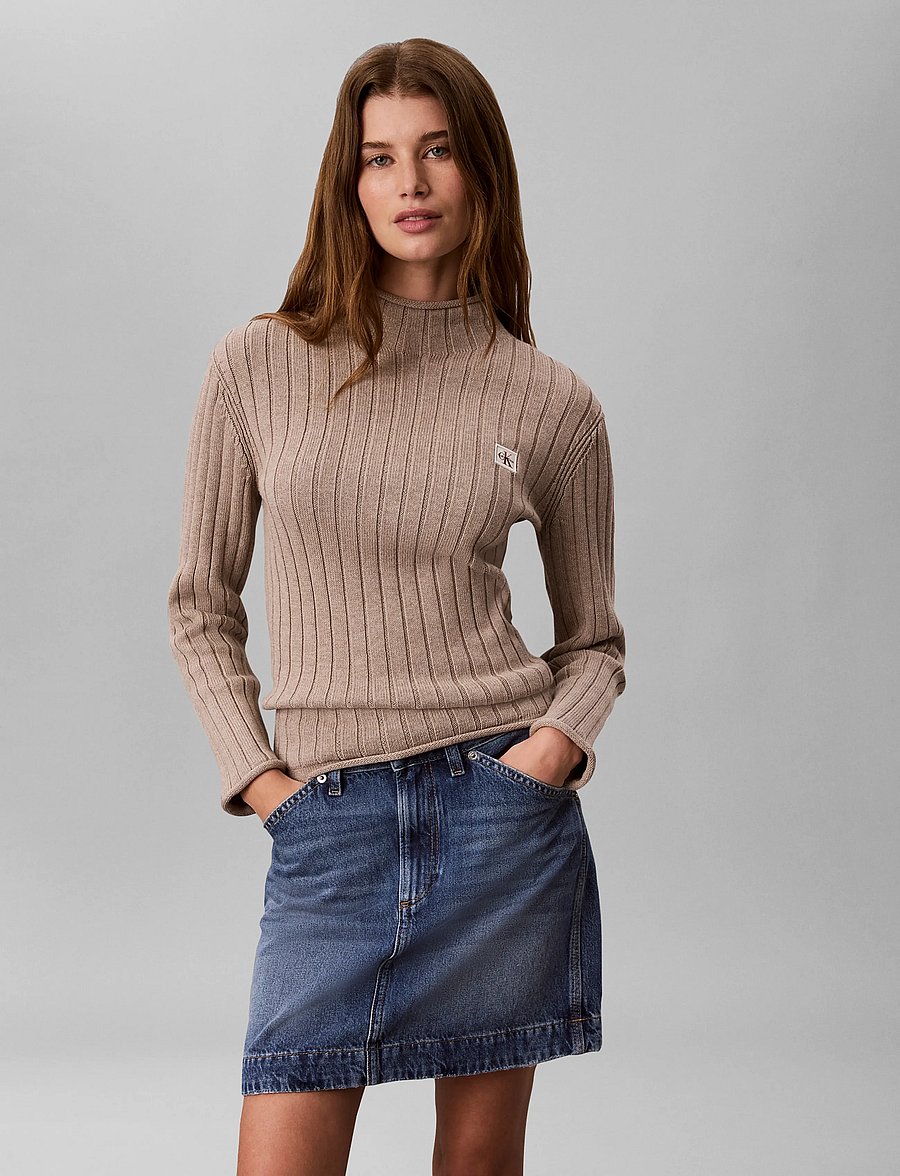Calvin Klein Jeans - WOVEN LABEL TNECK SWEATER - rullekraver - oatmeal melange - 3