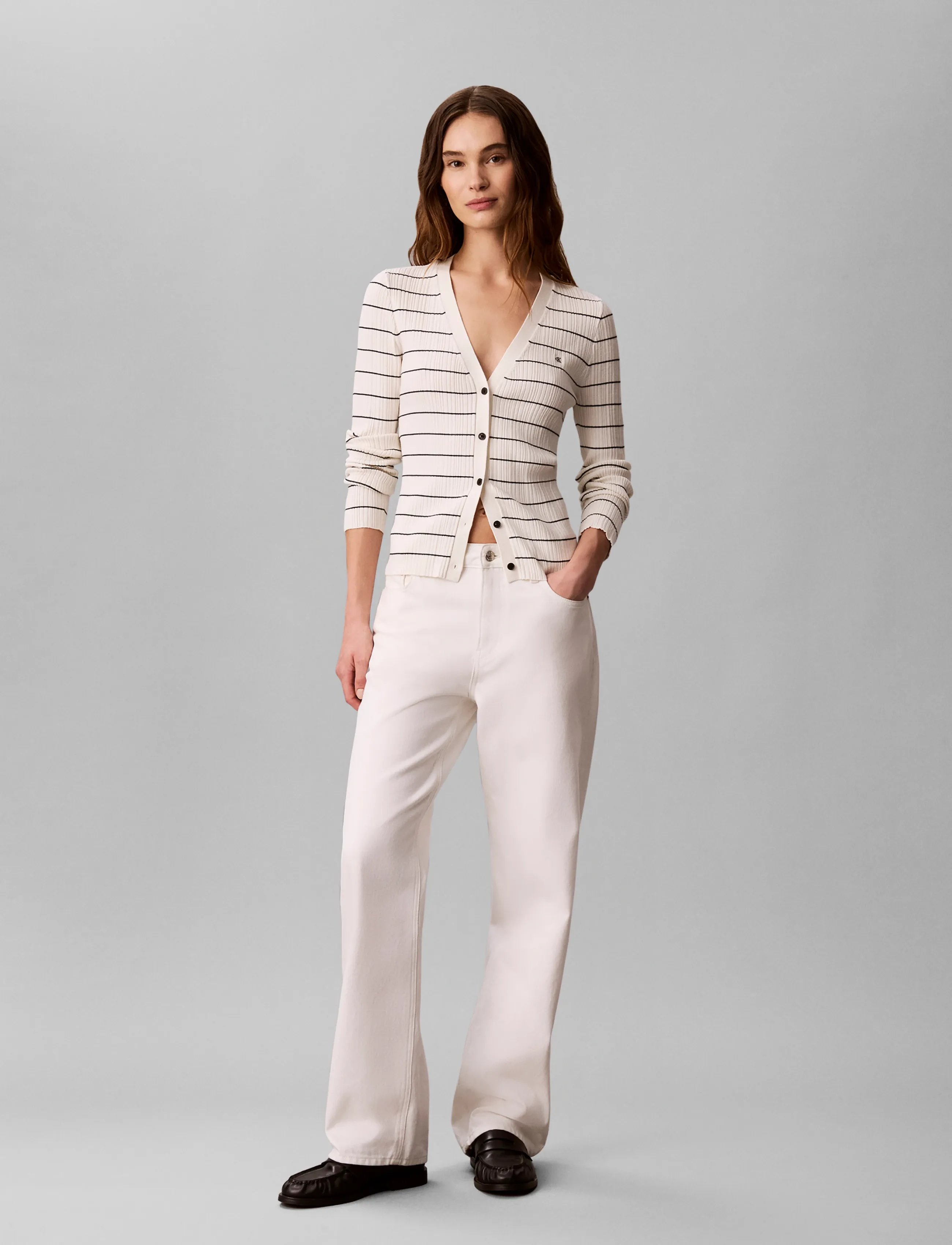 Calvin Klein Jeans TECH KNIT RIB STRIPE CARDIGAN - Knitwear - TOFU / cream