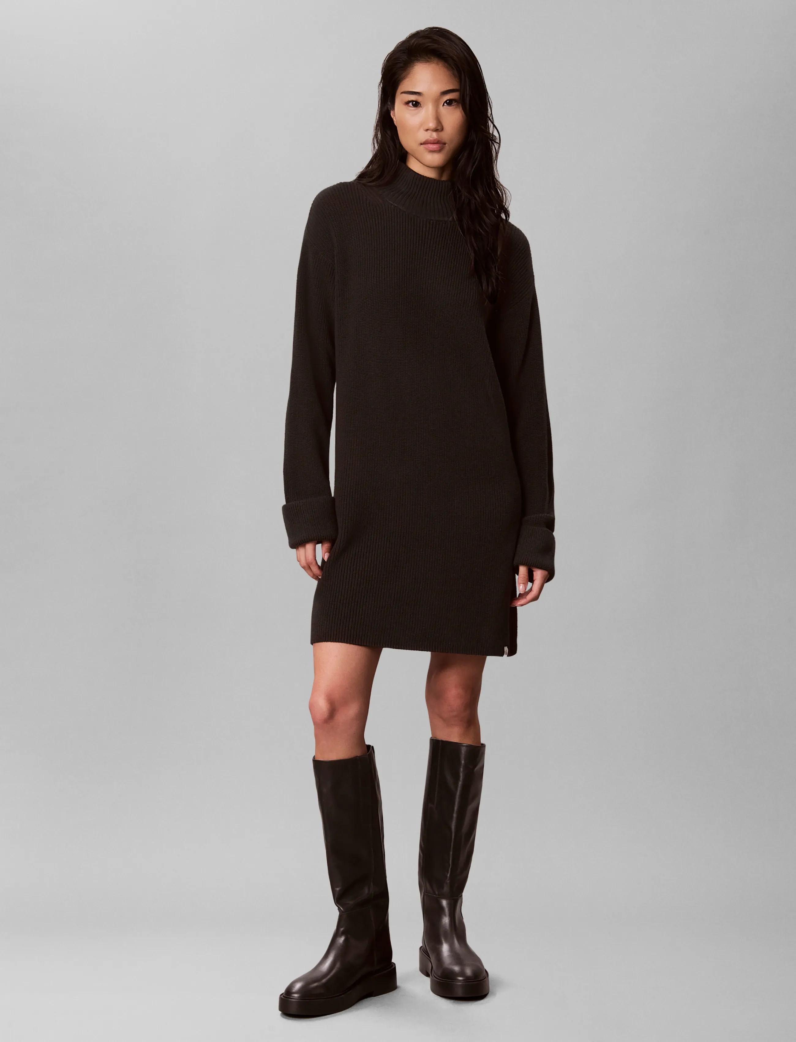 Calvin Klein Jeans COTTON RIB DRESS - Knitted Dresses - BLACK / black