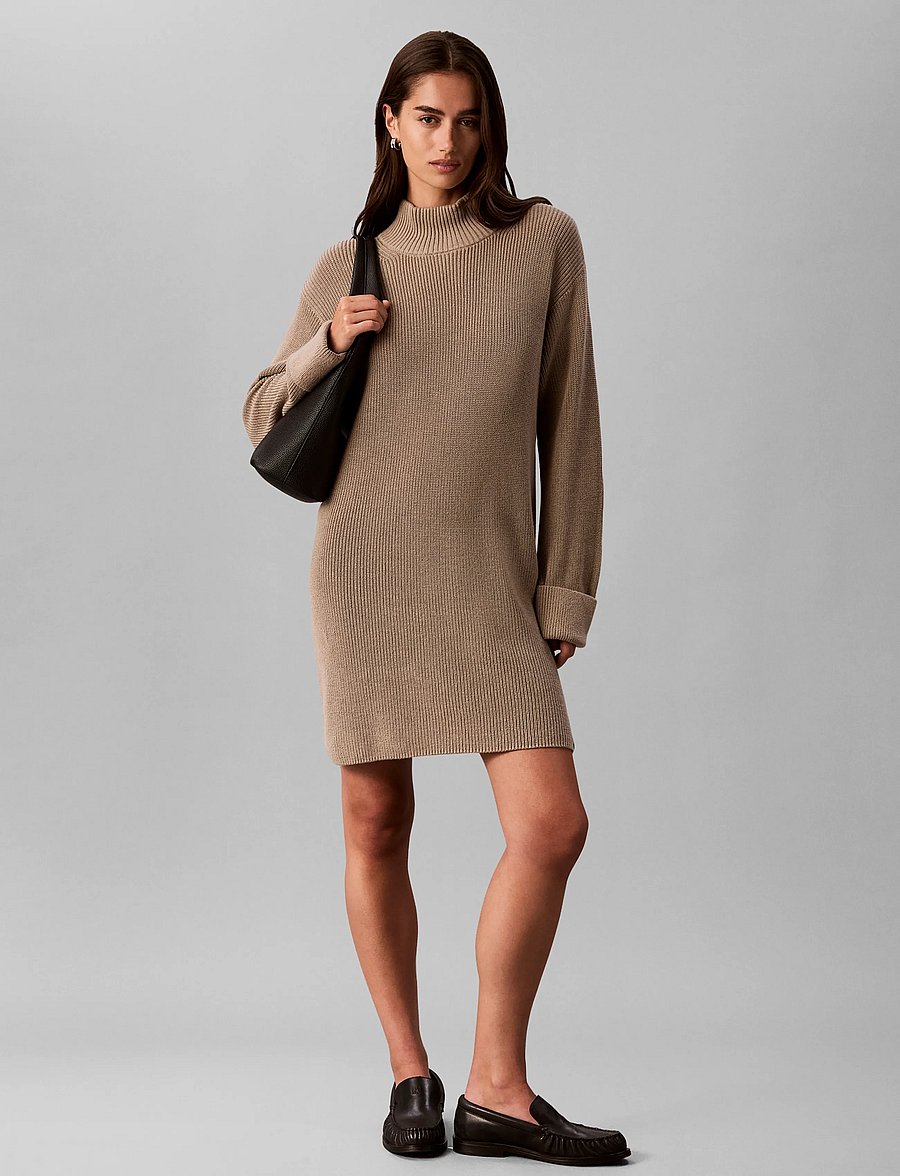 Calvin Klein Jeans - COTTON RIB DRESS - stickade klänningar - roasted cashew - 0