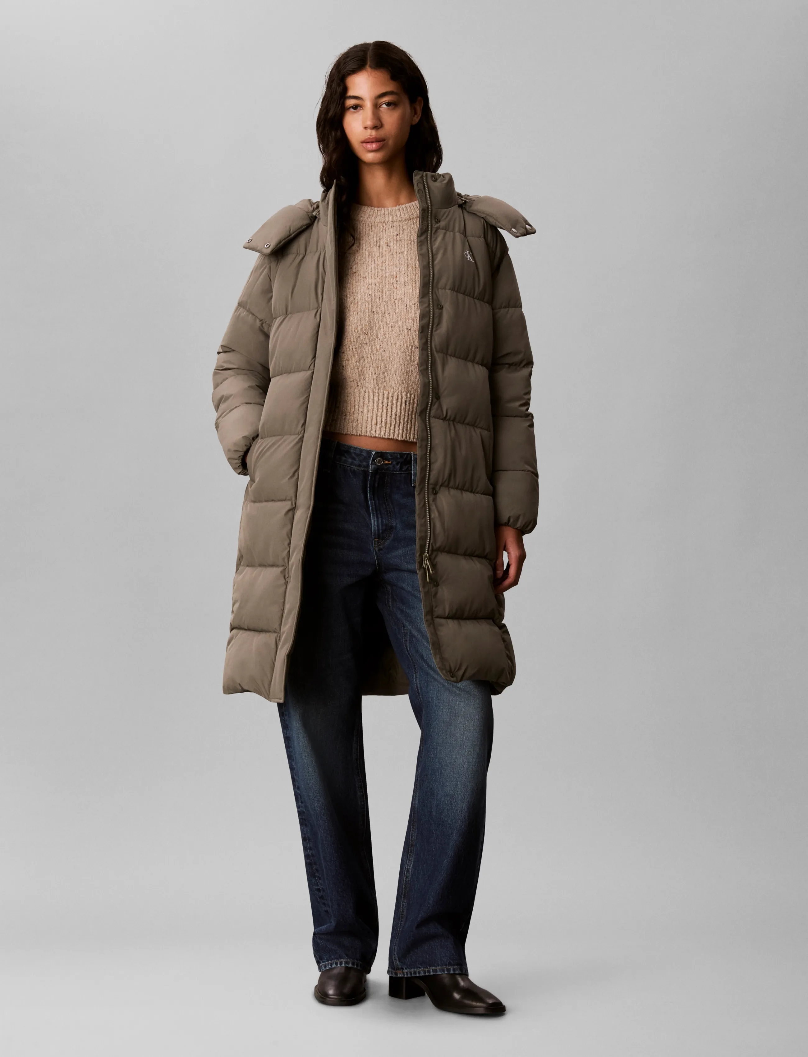 Calvin Klein Jeans Matte Mw Long Puffer, Kvinder, Lang Hættedunjakke, Kakigrøn, Str: L