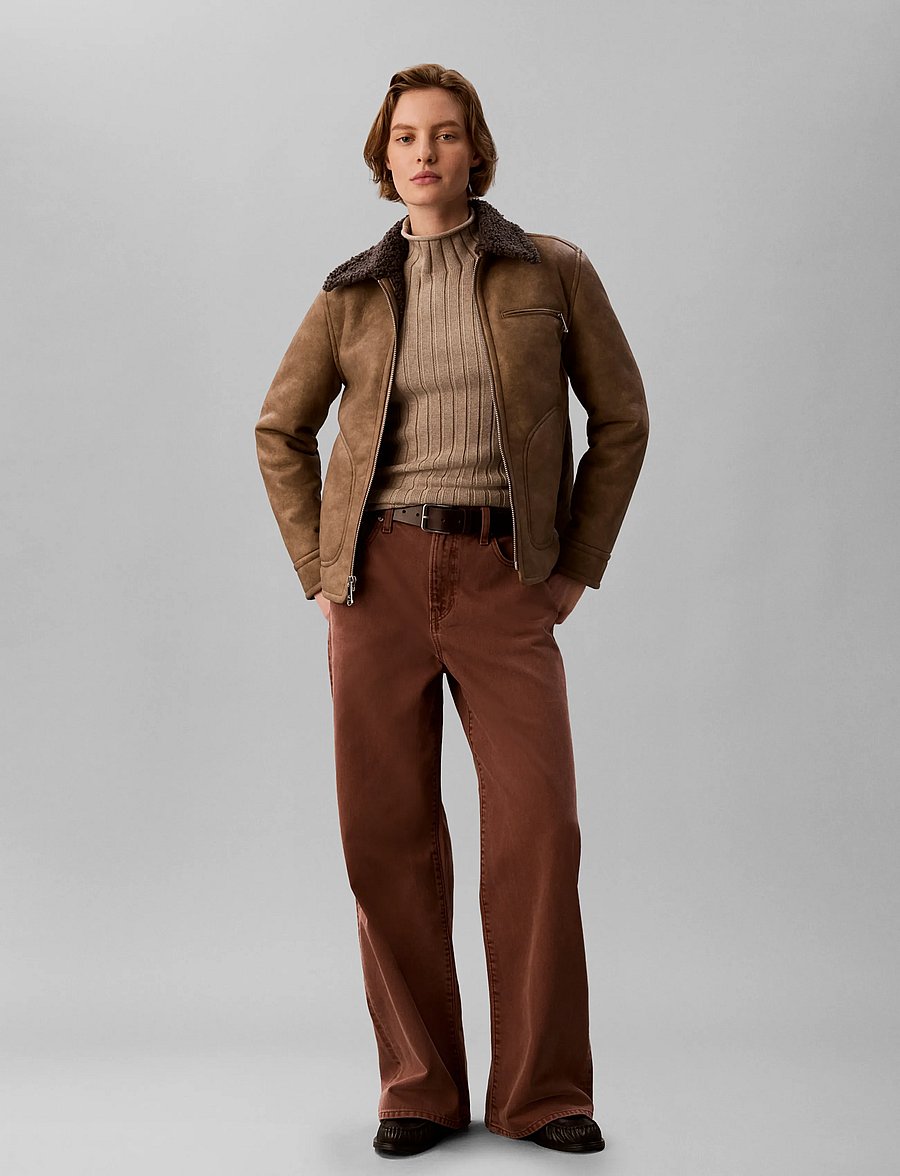 Calvin Klein Jeans - FAUX SHEARLING AVIATOR JACKET - brown leather with grey shearling - 0