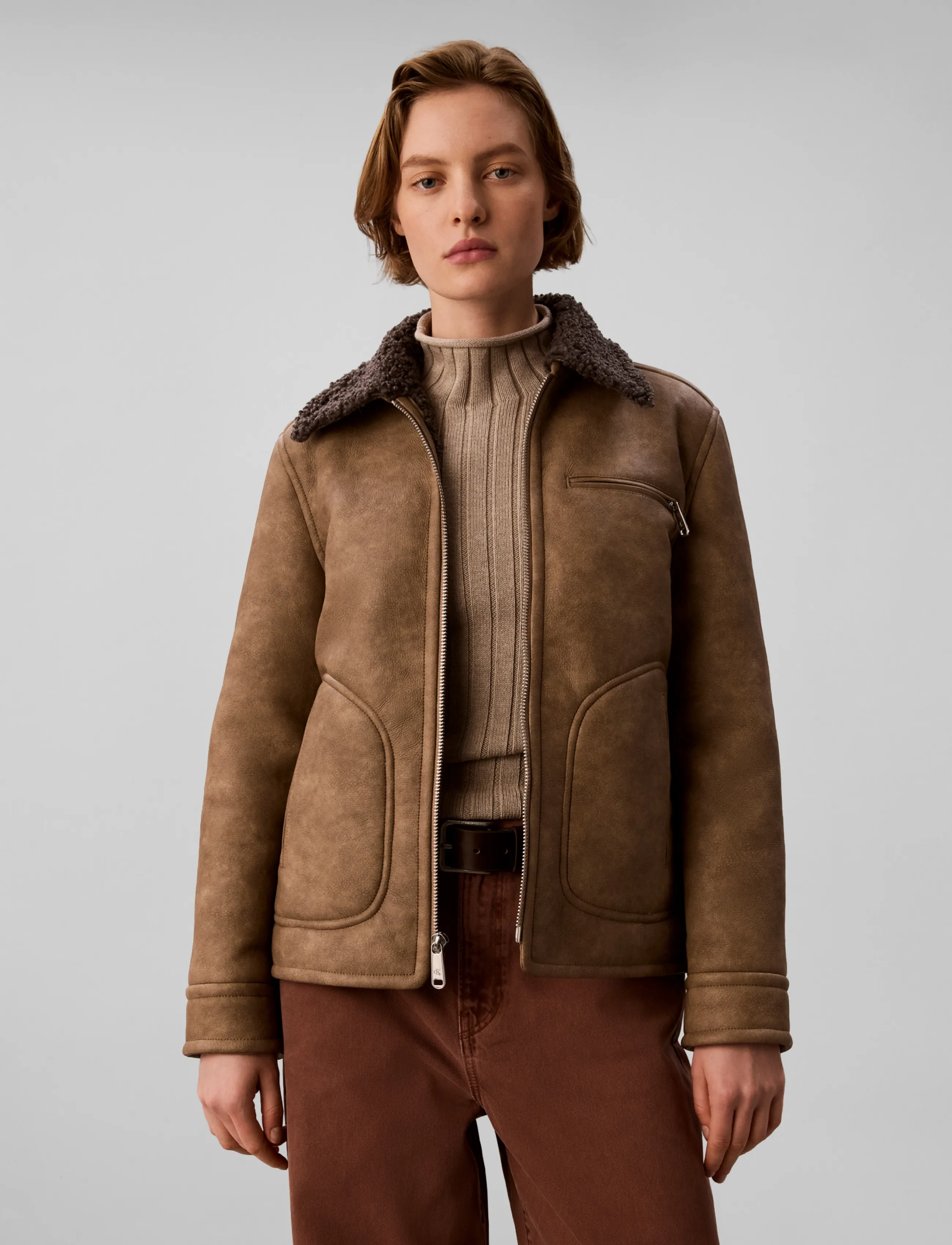 Calvin Klein Jeans - FAUX SHEARLING AVIATOR JACKET - brown leather with grey shearling - 3