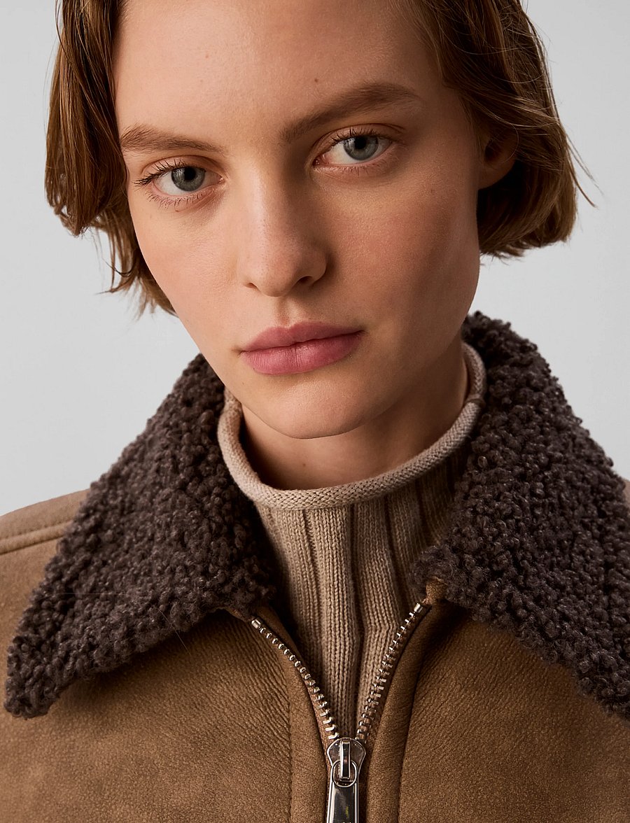 Calvin Klein Jeans - FAUX SHEARLING AVIATOR JACKET - brown leather with grey shearling - 4