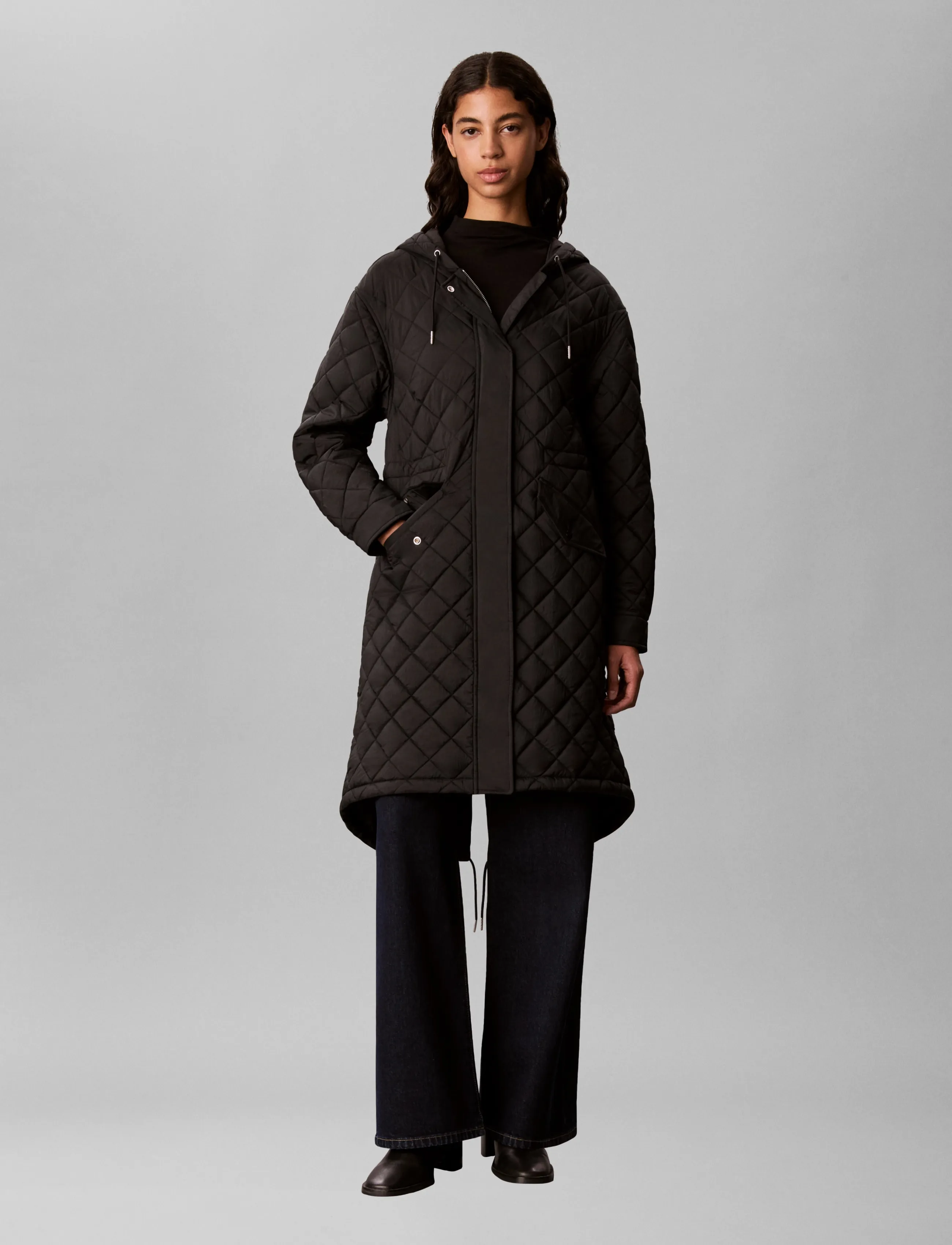 Calvin Klein Jeans Lw Long Quilted Liner Jacket, Kvinder, Lang Quiltet Hættefrakke, Sort, Str: XL